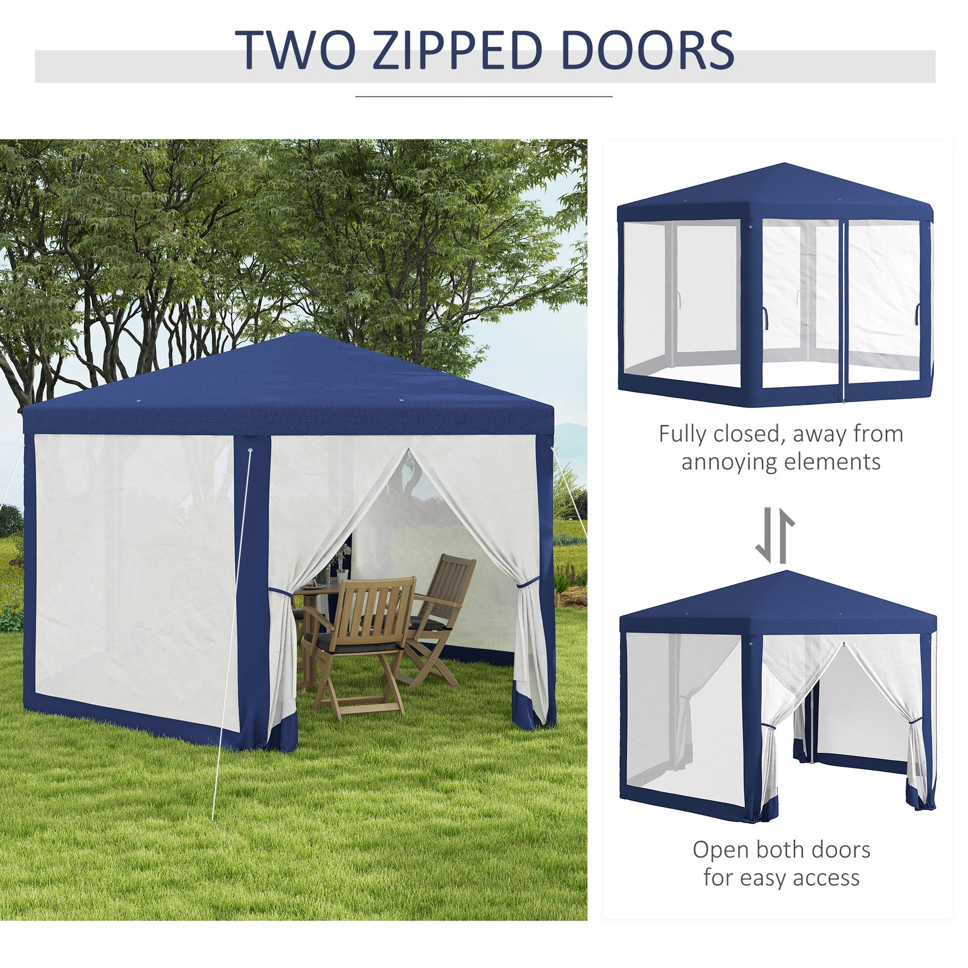 Outsunny 13' x 11' Outdoor Party Tent, Hexagon Sun Shade Shelter Canopy w/ Protective Mesh Screen Sidewalls, Ropes & Stakes, Blue