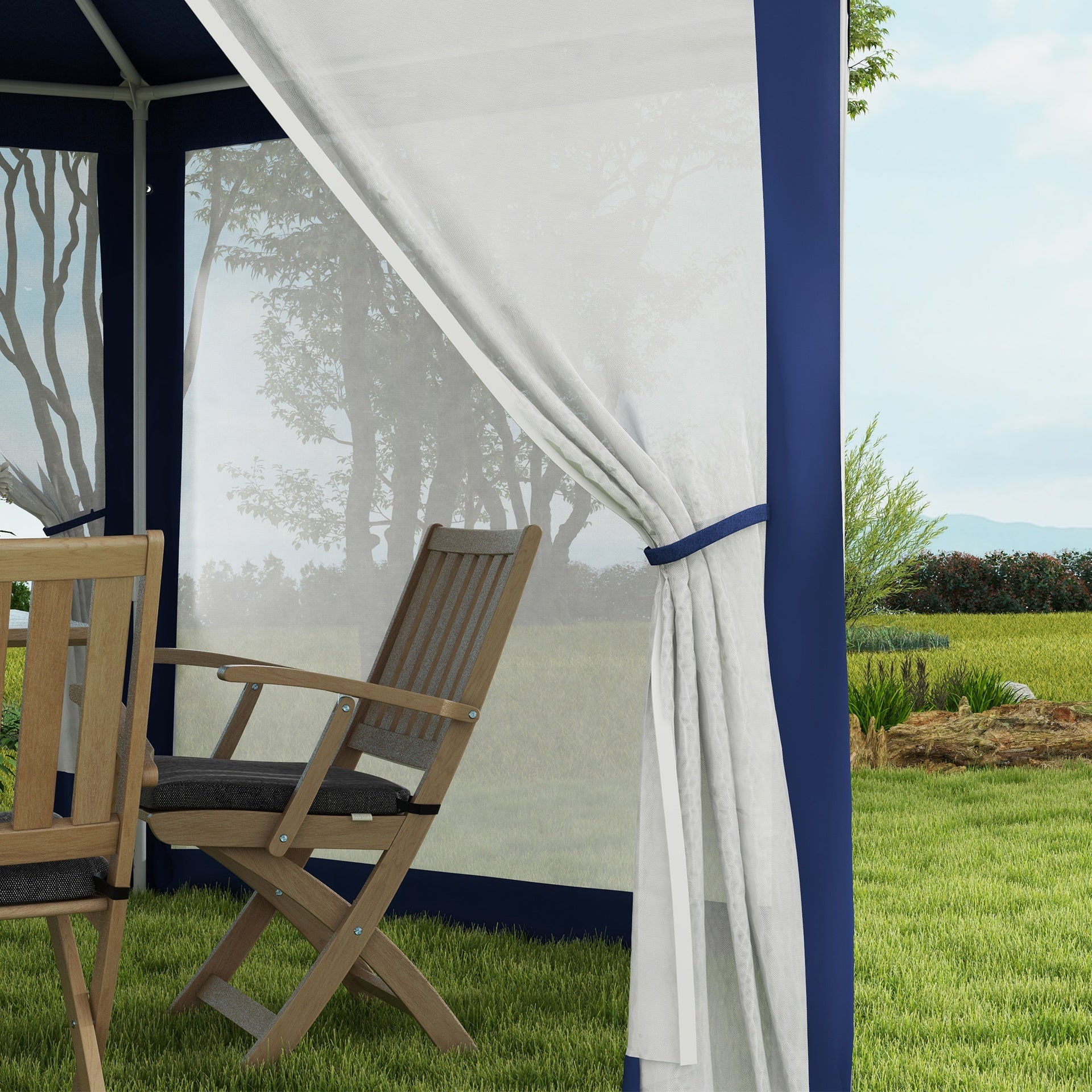 Outsunny 13' x 11' Outdoor Party Tent, Hexagon Sun Shade Shelter Canopy w/ Protective Mesh Screen Sidewalls, Ropes & Stakes, Blue