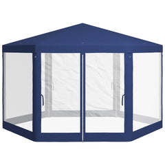 Outsunny 13' x 11' Outdoor Party Tent, Hexagon Sun Shade Shelter Canopy w/ Protective Mesh Screen Sidewalls, Ropes & Stakes, Blue