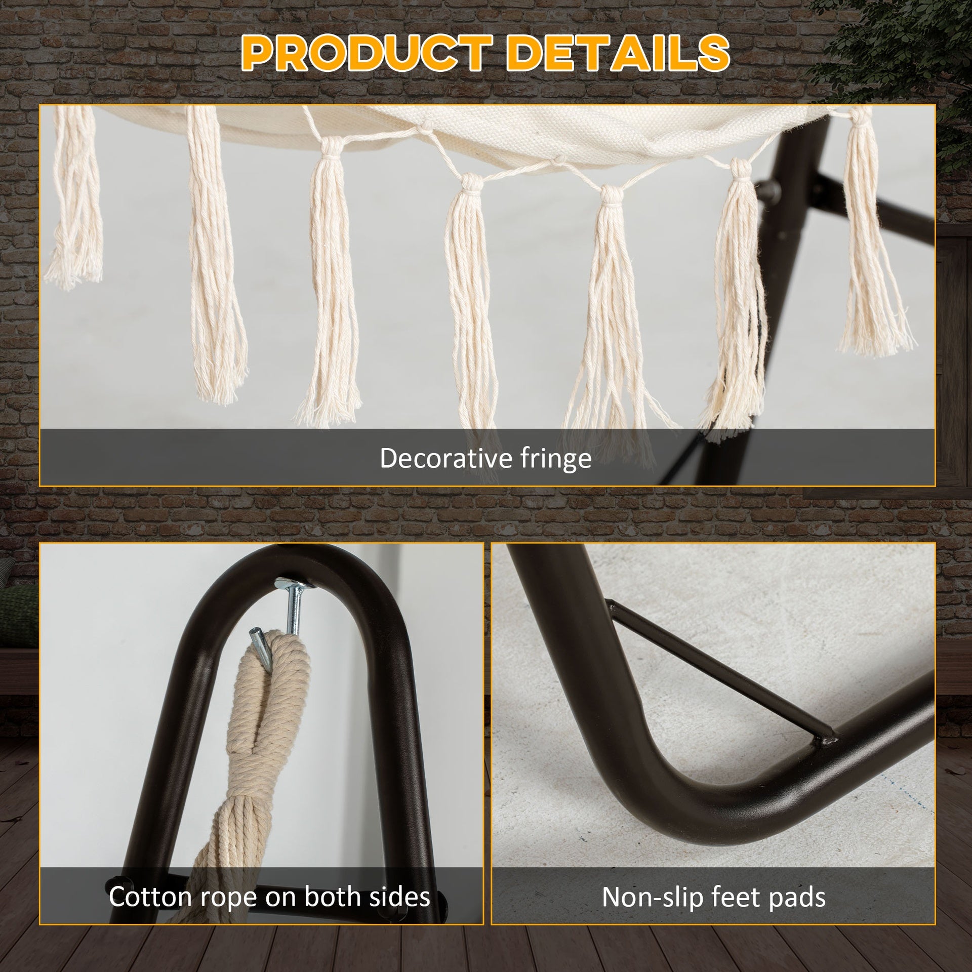 Outsunny Hammock Chair with U Shape Stand, Hammock Swing Chair with A Side Pocket, Brown & Cream White