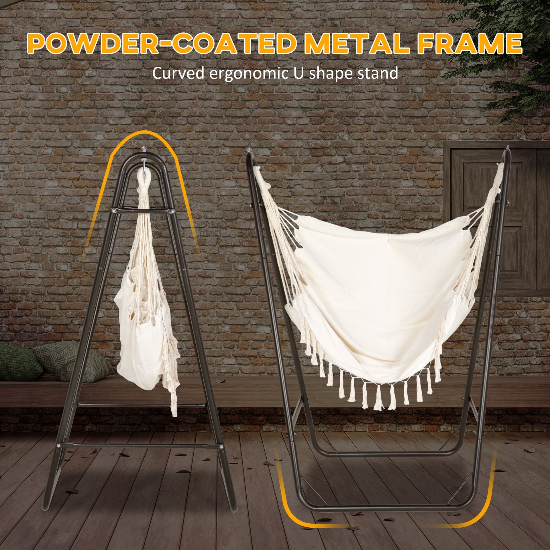 Outsunny Hammock Chair with U Shape Stand, Hammock Swing Chair with A Side Pocket, Brown & Cream White