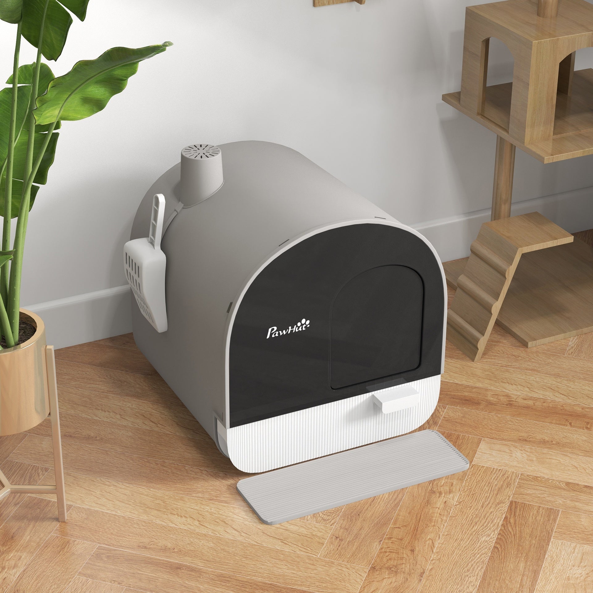 PawHut Cat Litter Box with Lid with Scoop and Filter, Light Gray