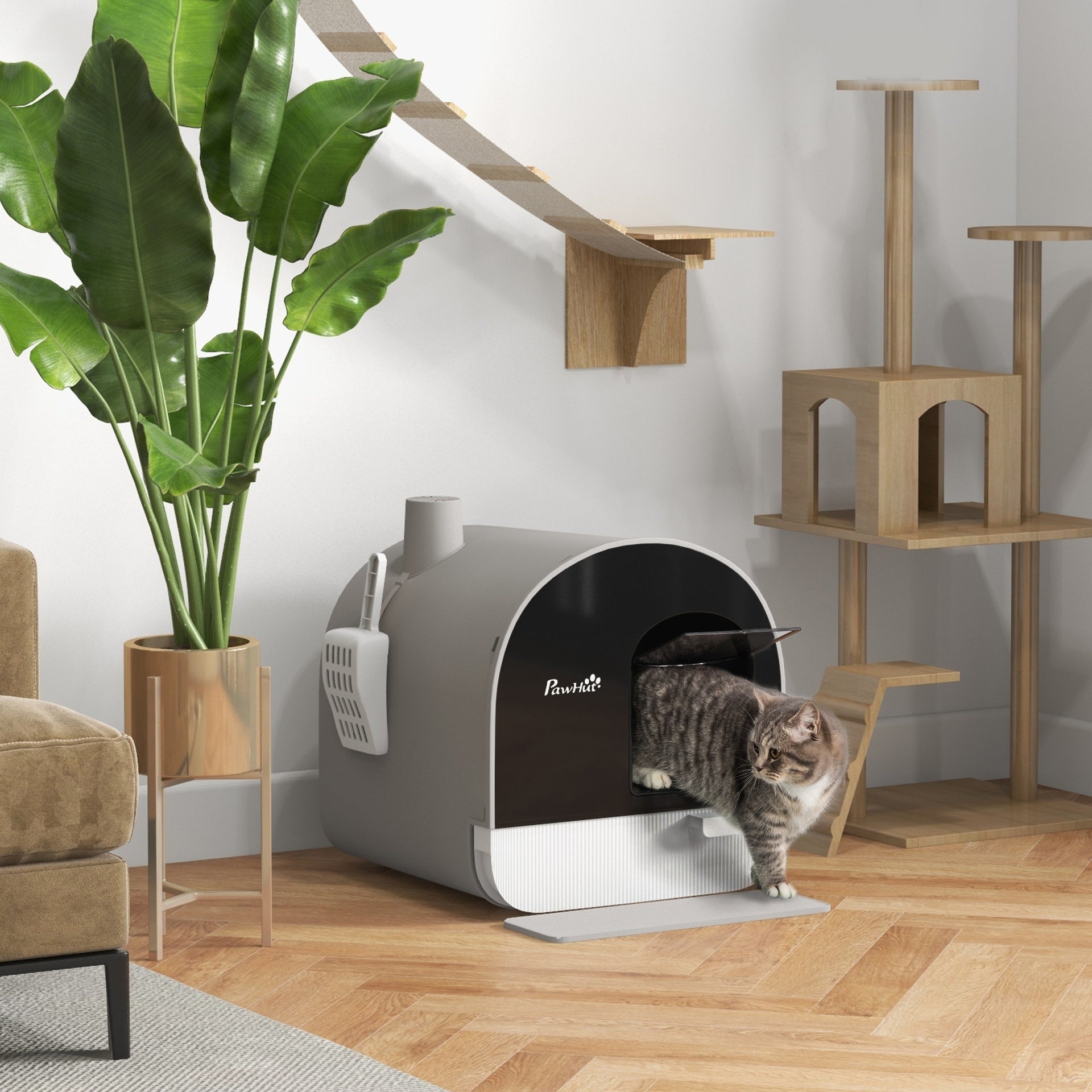 PawHut Cat Litter Box with Lid with Scoop and Filter, Light Gray