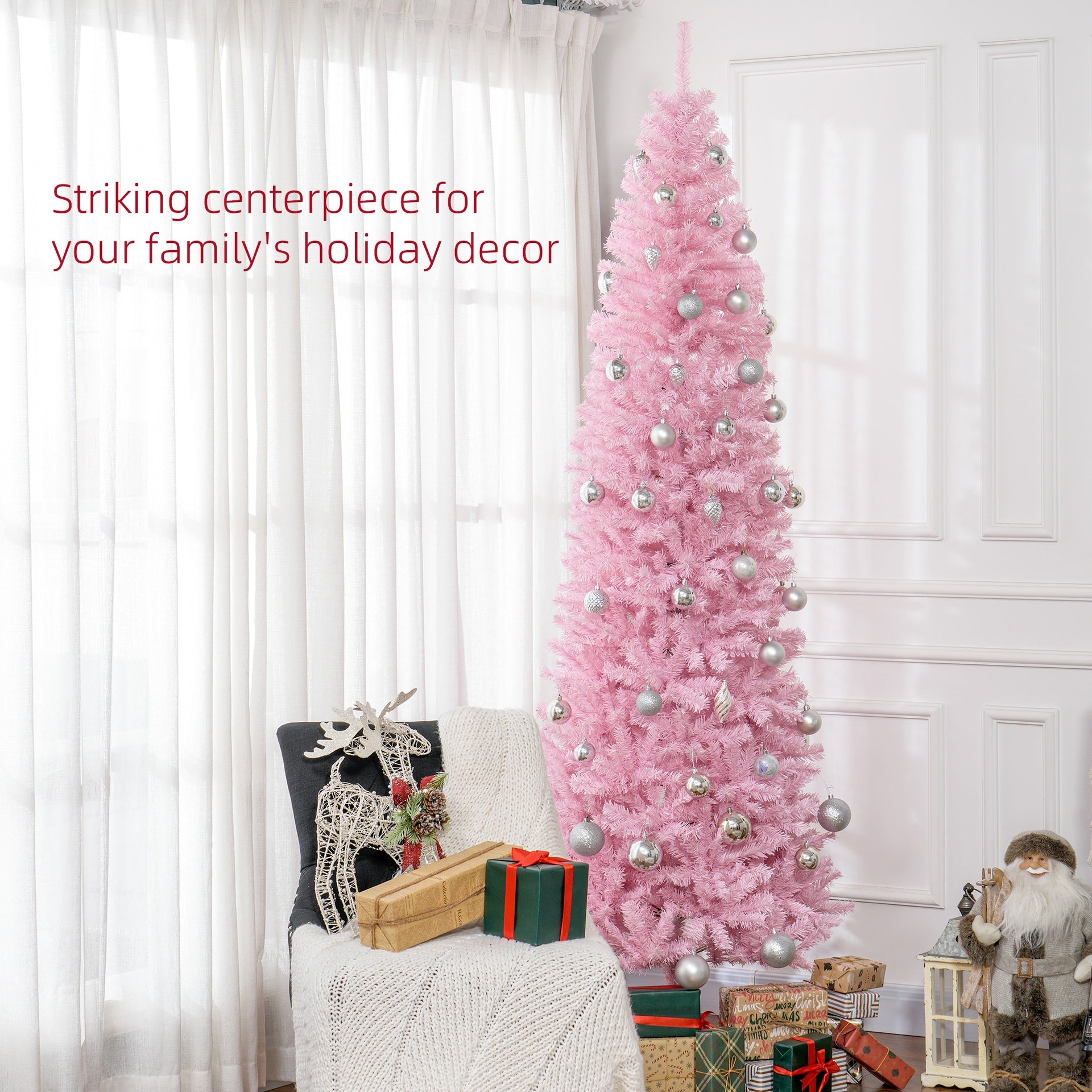 HOMCOM 8' Artificial Christmas Tree Douglas Fir Pencil Christmas Tree with 1168 Realistic Branch Tips, Pink