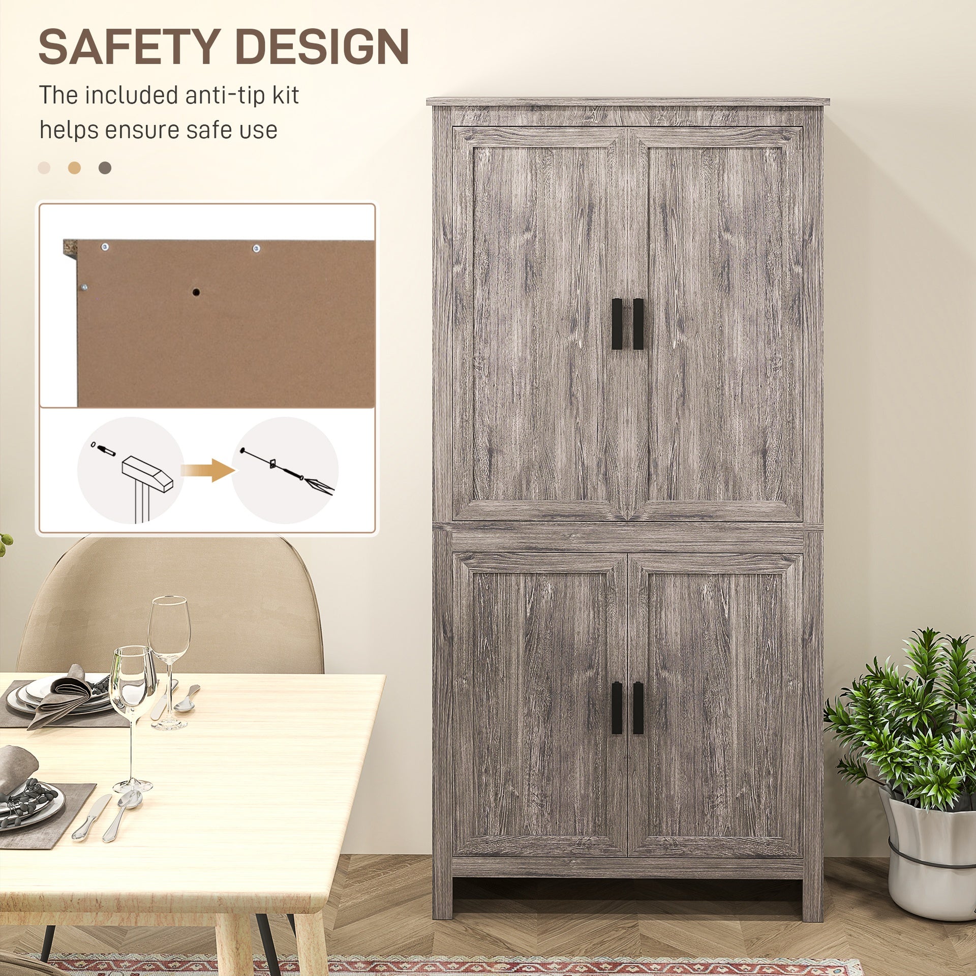 HOMCOM 64" 4-Door Kitchen Pantry, Freestanding Storage Cabinet with 3 Adjustable Shelves for Kitchen, Gray Oak