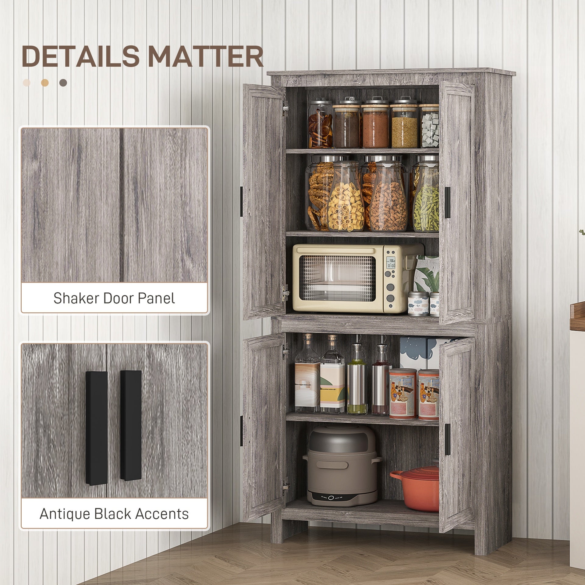 HOMCOM 64" 4-Door Kitchen Pantry, Freestanding Storage Cabinet with 3 Adjustable Shelves for Kitchen, Gray Oak