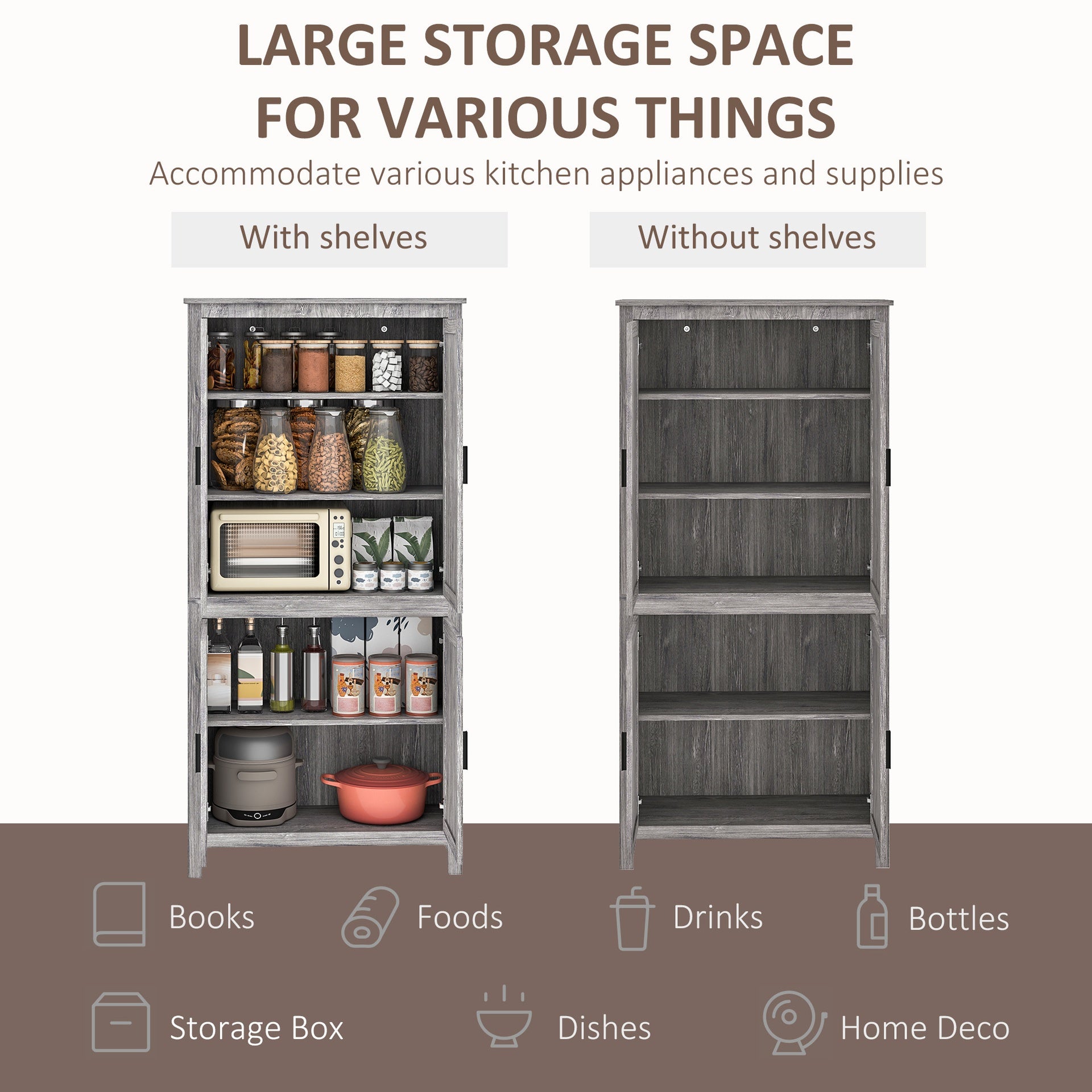 HOMCOM 64" 4-Door Kitchen Pantry, Freestanding Storage Cabinet with 3 Adjustable Shelves for Kitchen, Gray Oak