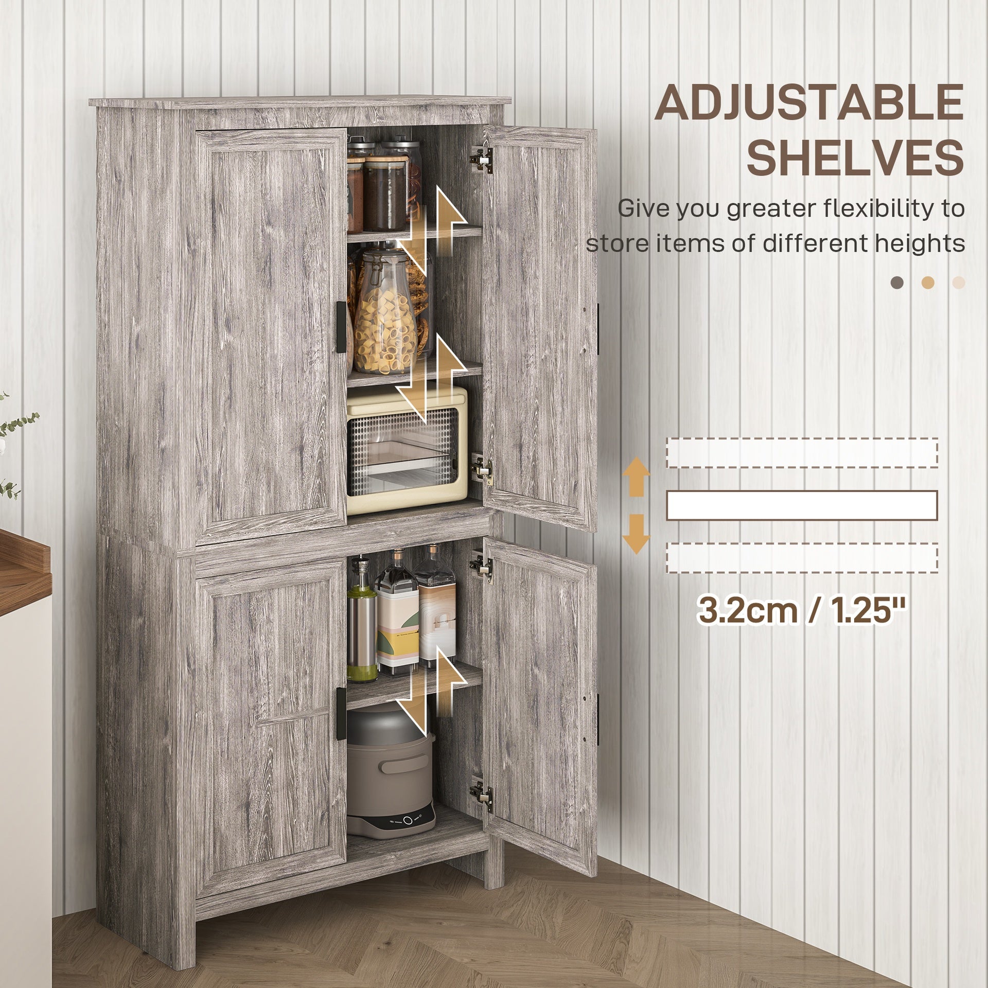 HOMCOM 64" 4-Door Kitchen Pantry, Freestanding Storage Cabinet with 3 Adjustable Shelves for Kitchen, Gray Oak