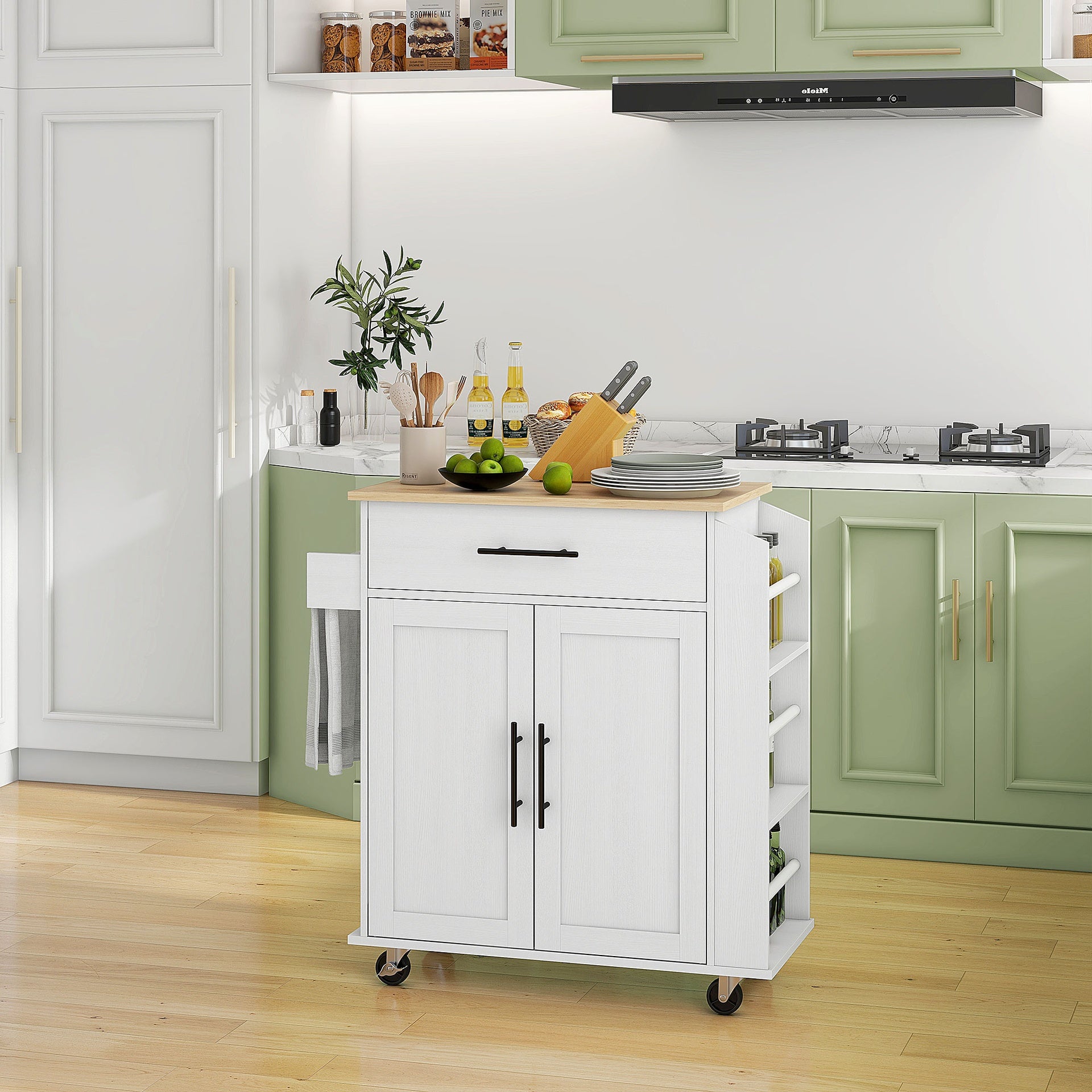 HOMCOM Rolling Island with Wheels for Kitchen, Kitchen Island on Rollers with Power Outlets, Drawer, and Doors, White