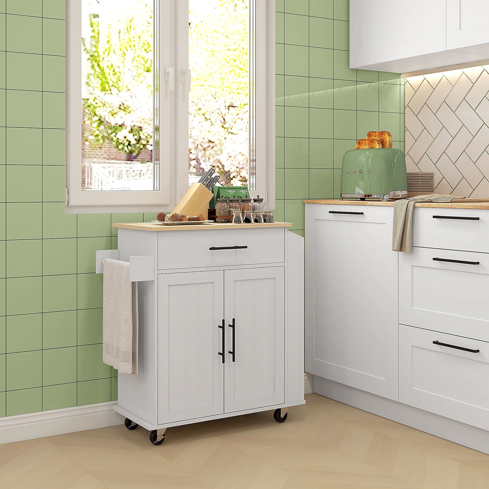 HOMCOM Rolling Island with Wheels for Kitchen, Kitchen Island on Rollers with Power Outlets, Drawer, and Doors, White