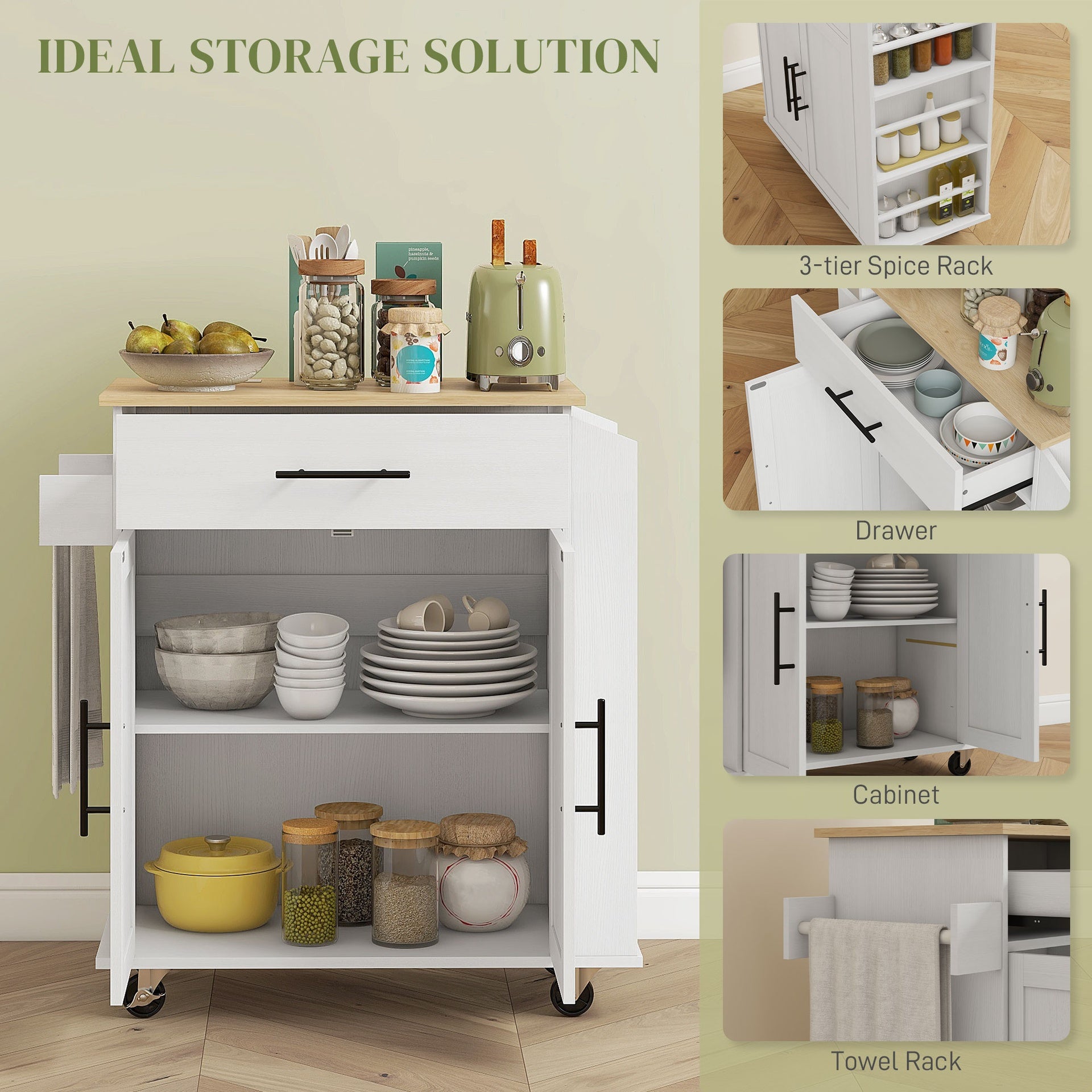 HOMCOM Rolling Island with Wheels for Kitchen, Kitchen Island on Rollers with Power Outlets, Drawer, and Doors, White