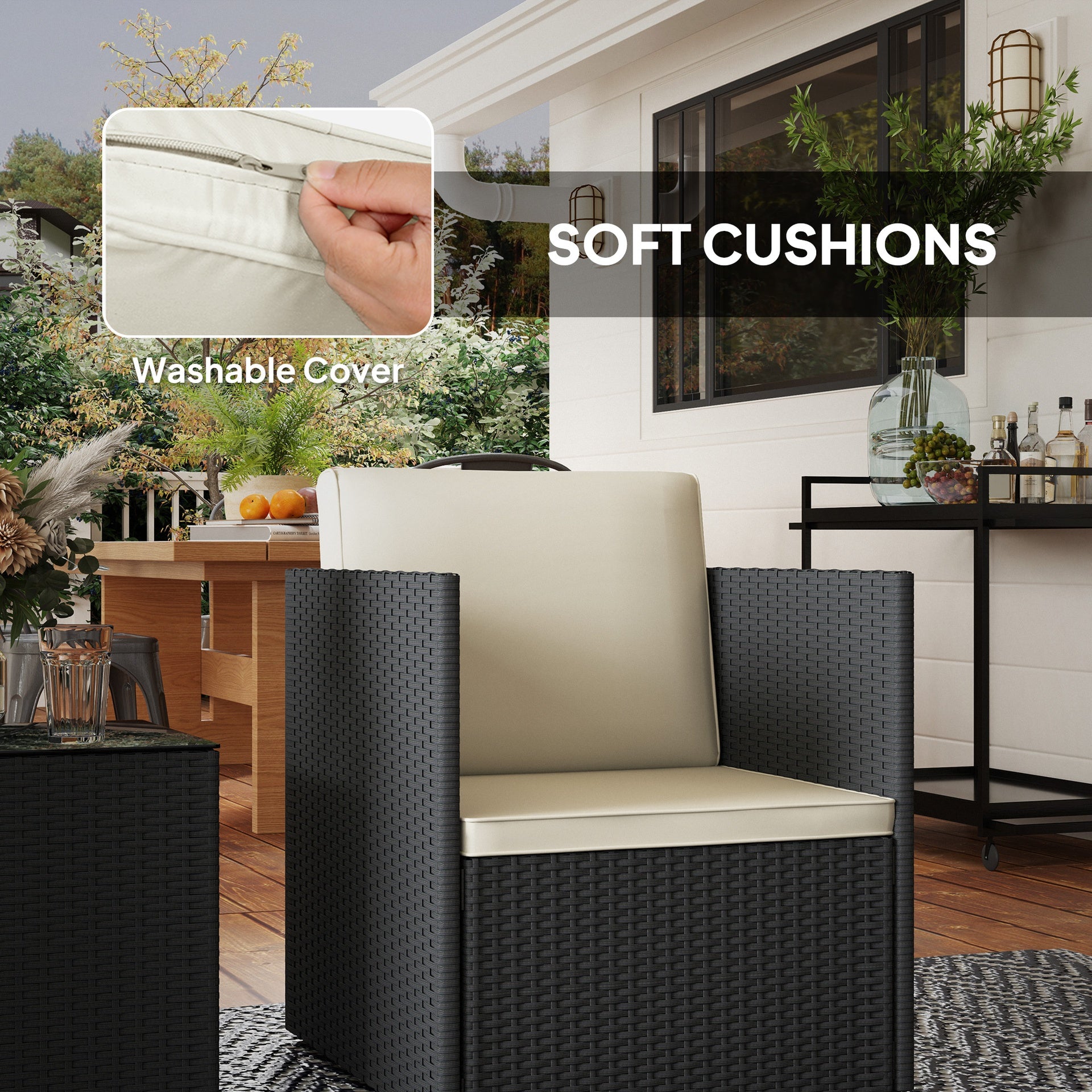 Outsunny Folding Wicker Bistro Set, 3 Piece Patio Furniture Set with Cushions and Glass Coffee Table for Porch, Balcony, Black