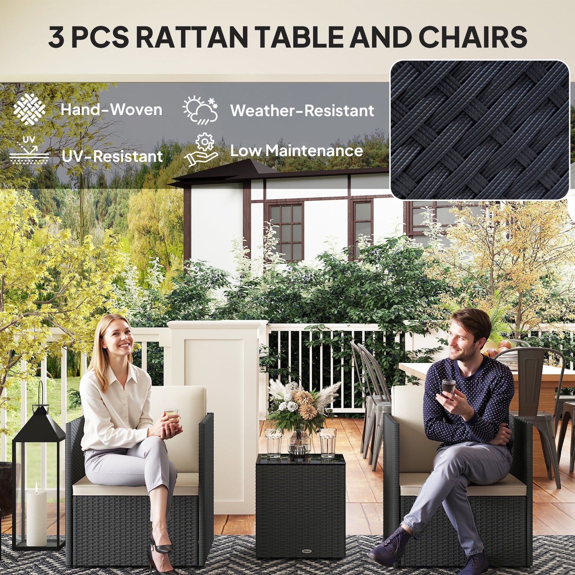 Outsunny Folding Wicker Bistro Set, 3 Piece Patio Furniture Set with Cushions and Glass Coffee Table for Porch, Balcony, Black