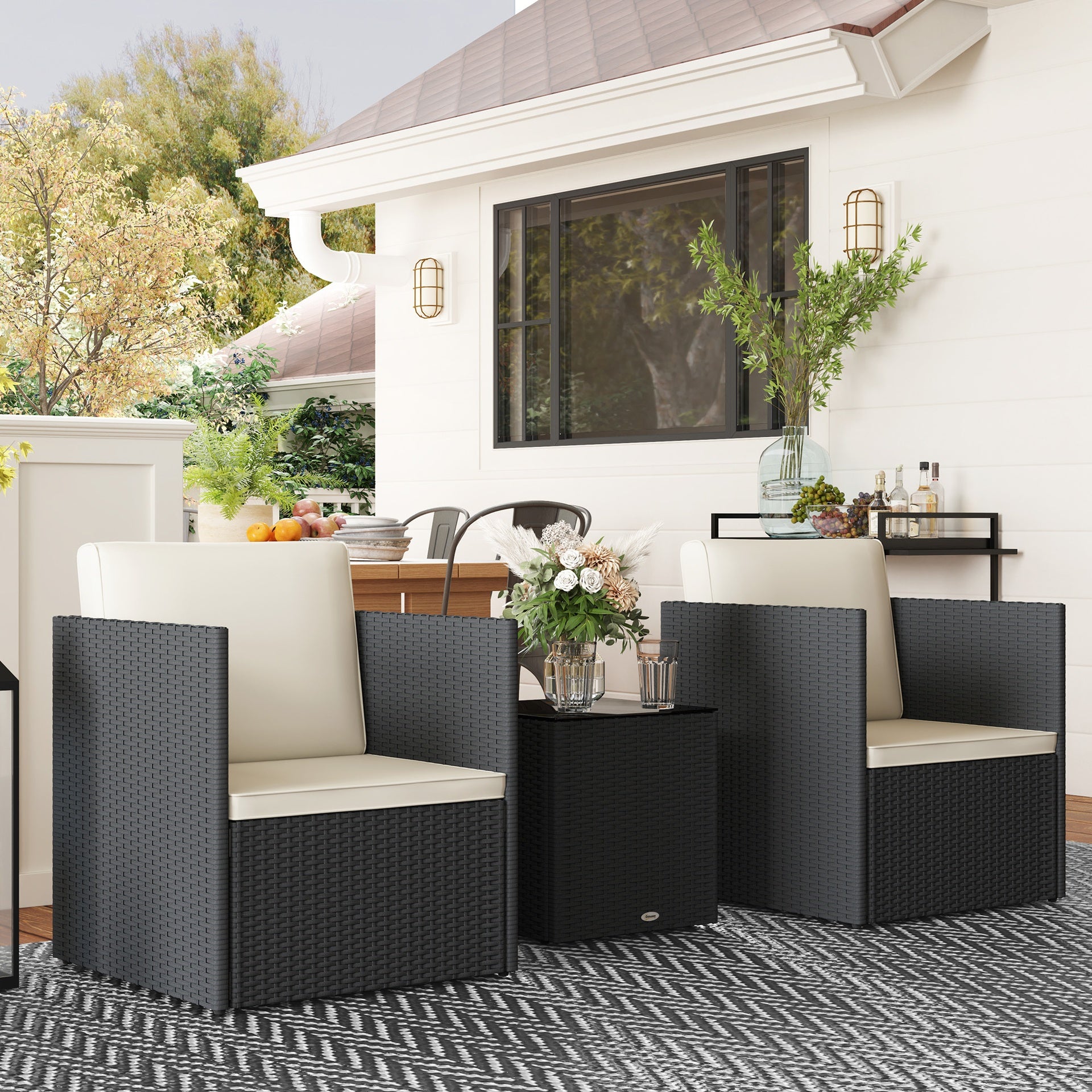 Outsunny Folding Wicker Bistro Set, 3 Piece Patio Furniture Set with Cushions and Glass Coffee Table for Porch, Balcony, Black