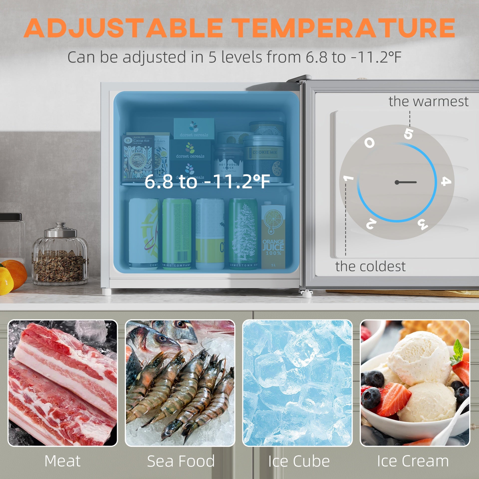 HOMCOM 1.1 Cu.Ft Countertop Mini Freezer, Compact Upright Freezer with Removable Shelves, Gray
