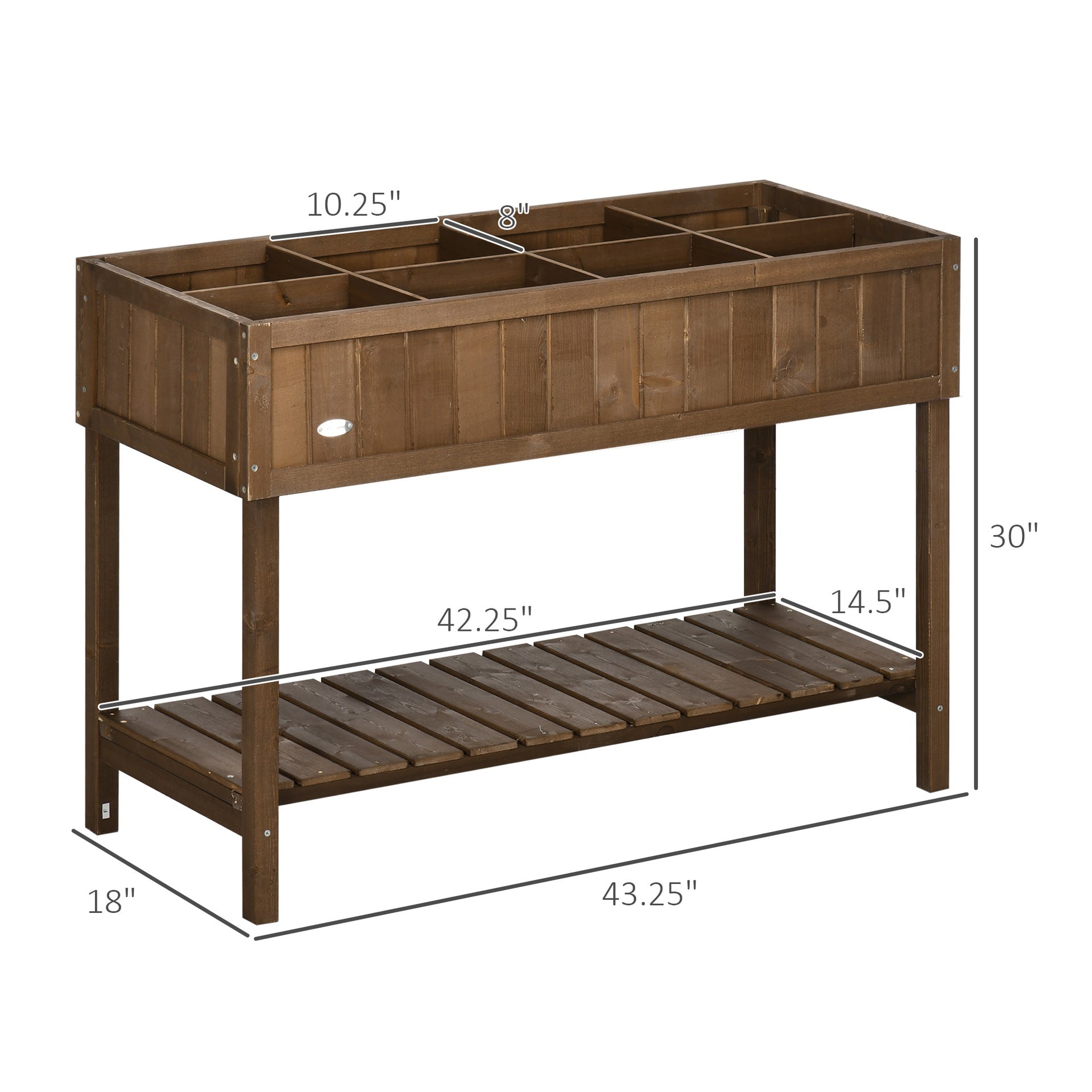 Outsunny Wooden Raised Garden Bed, Elevated Planter Box Stand with 8 Slots and Open Shelf, Dark Brown