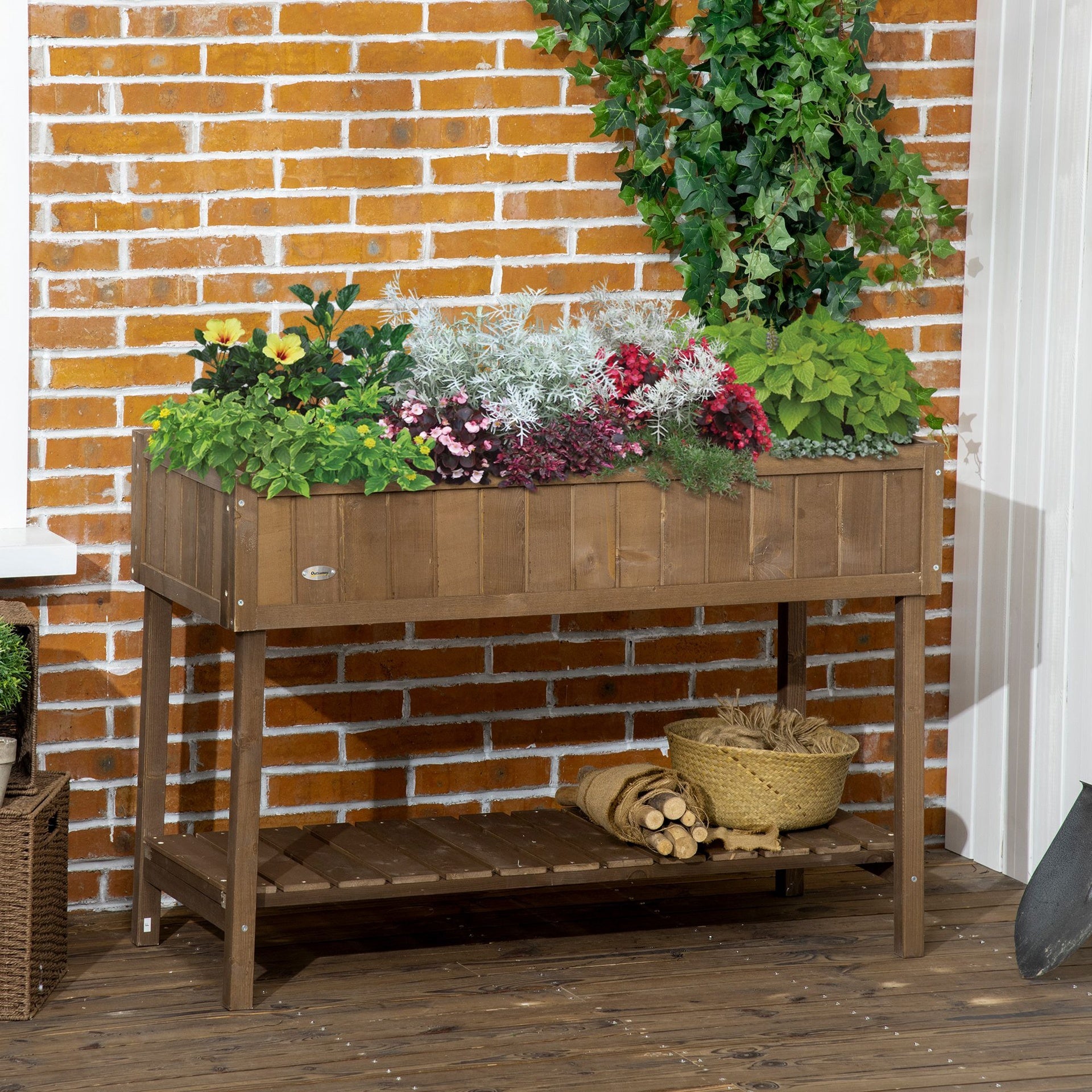 Outsunny Wooden Raised Garden Bed, Elevated Planter Box Stand with 8 Slots and Open Shelf, Dark Brown