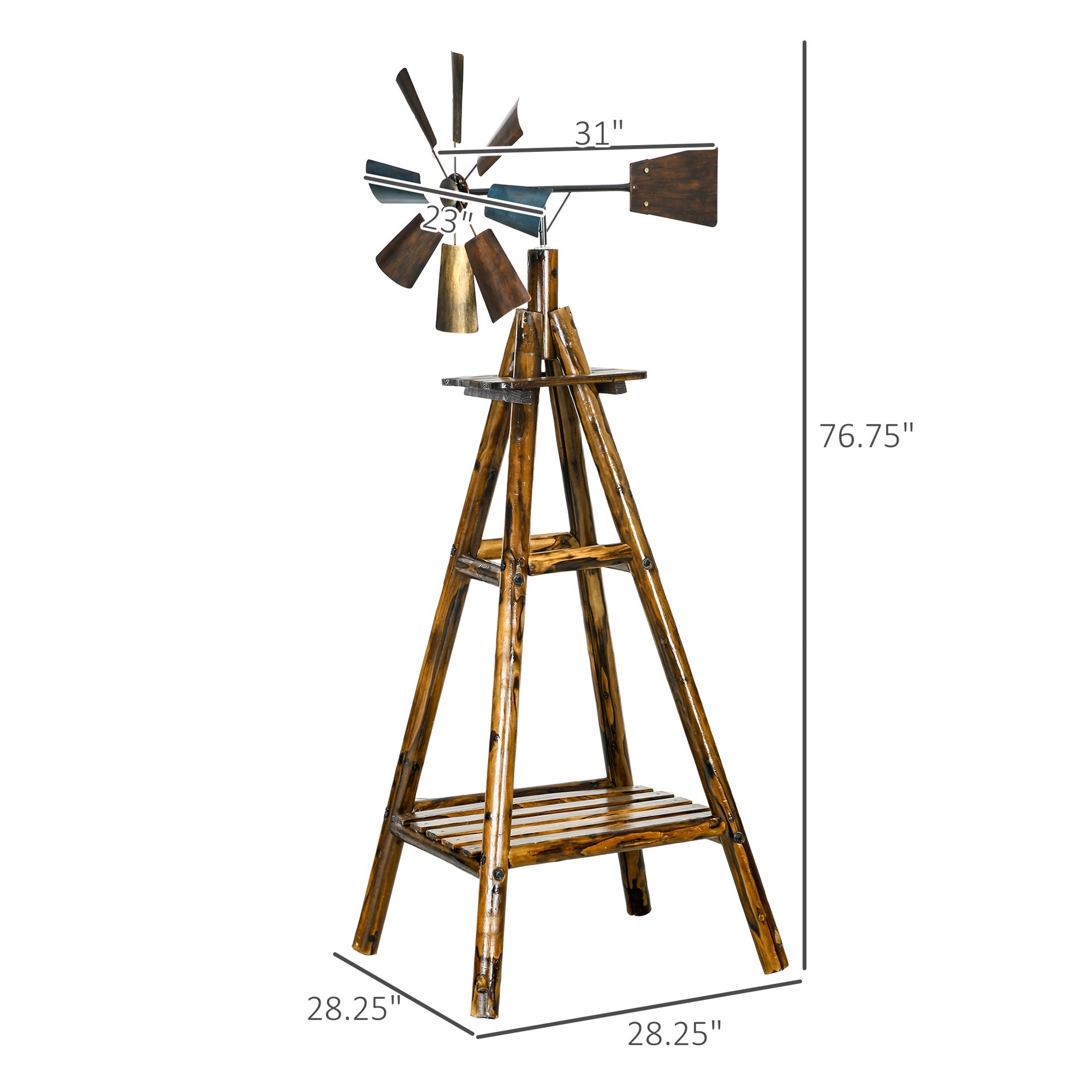 Outsunny Windmill Weather Vane, Wind Vane with Bottom Shelf, Steel Windmill Head, Stained Wood