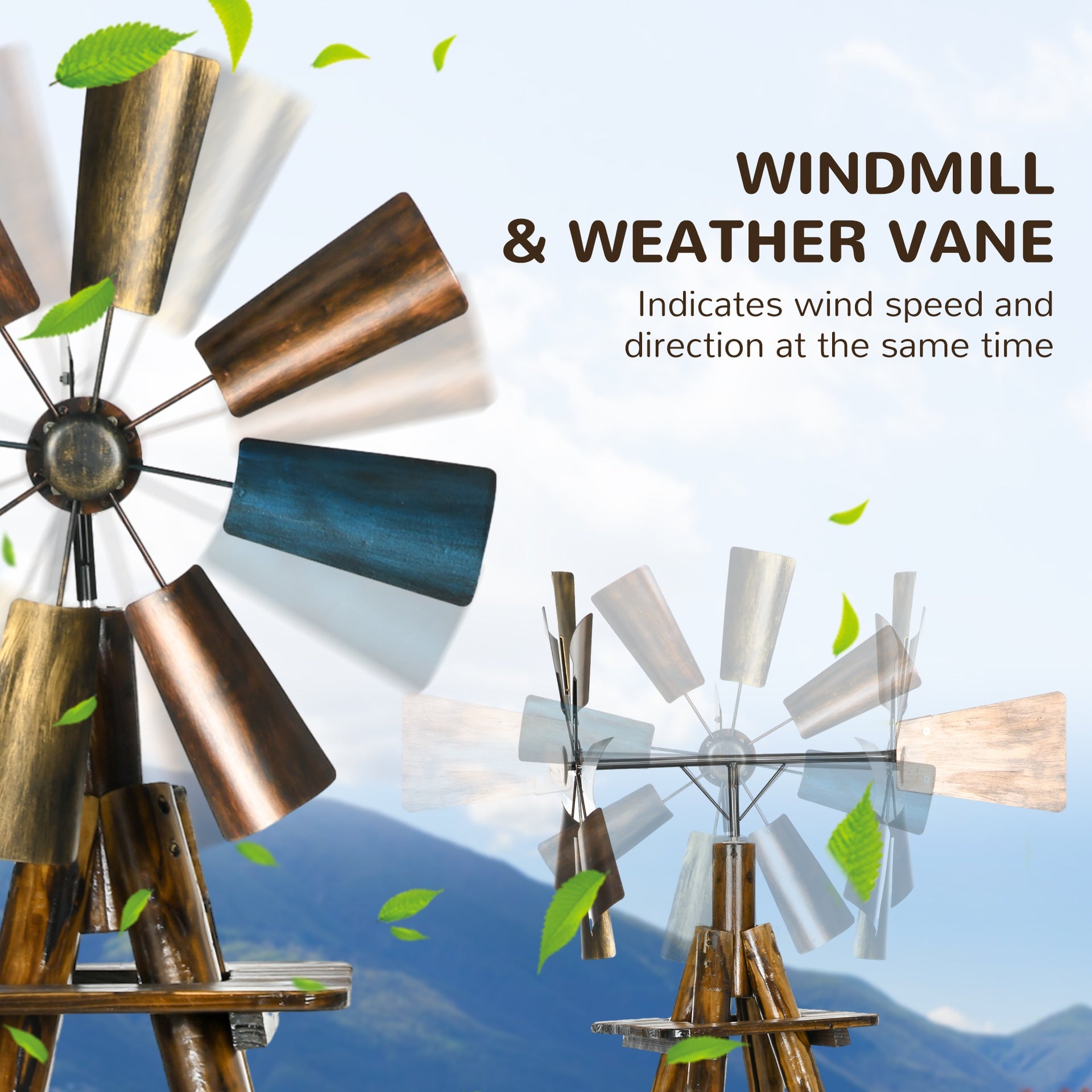 Outsunny Windmill Weather Vane, Wind Vane with Bottom Shelf, Steel Windmill Head, Stained Wood