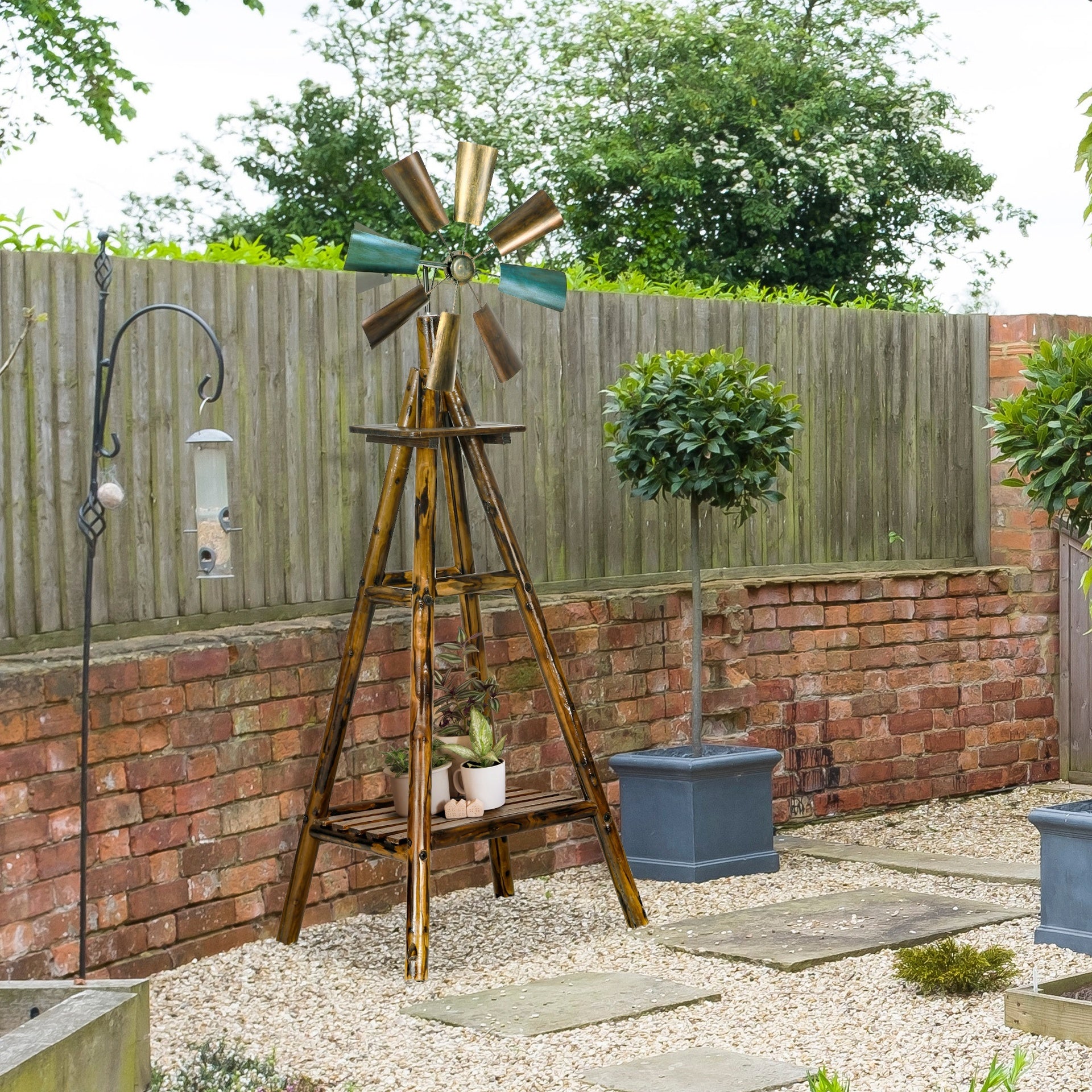 Outsunny Windmill Weather Vane, Wind Vane with Bottom Shelf, Steel Windmill Head, Stained Wood