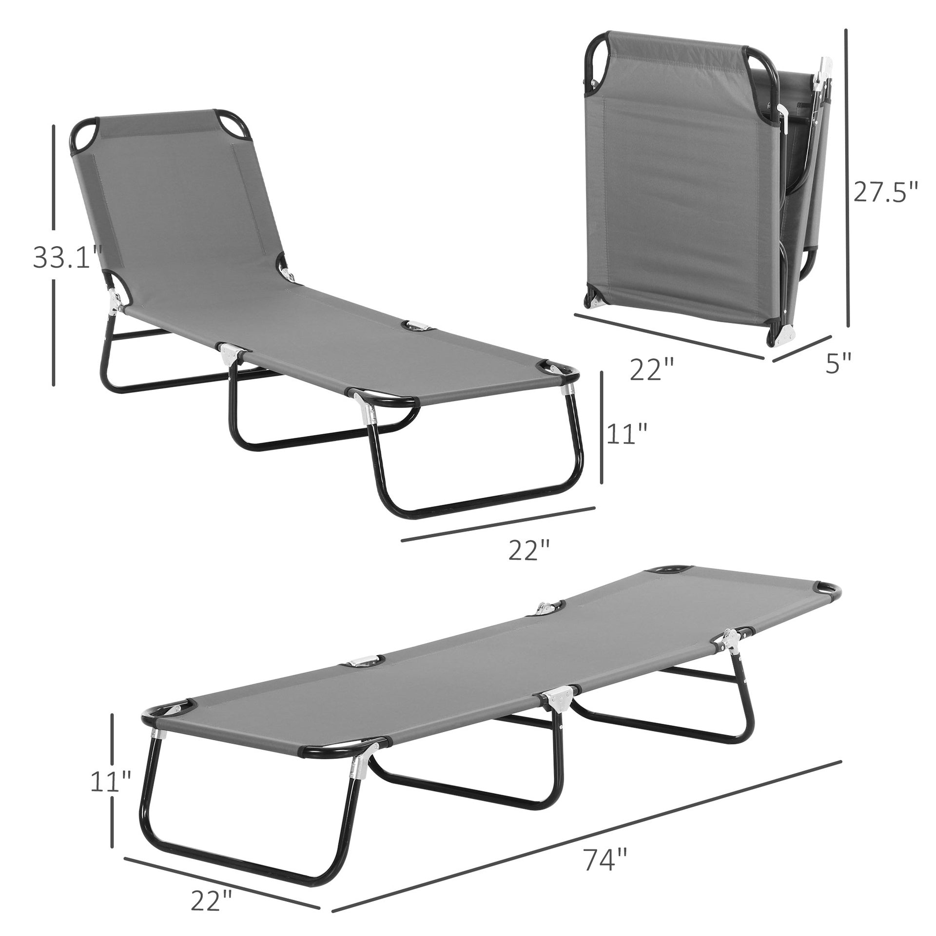 Outsunny 2 Pieces Pool Chaise Lounge Chairs, Folding Lounge Chairs with 5-Level Reclining Back, Steel Frame, Dark Gray