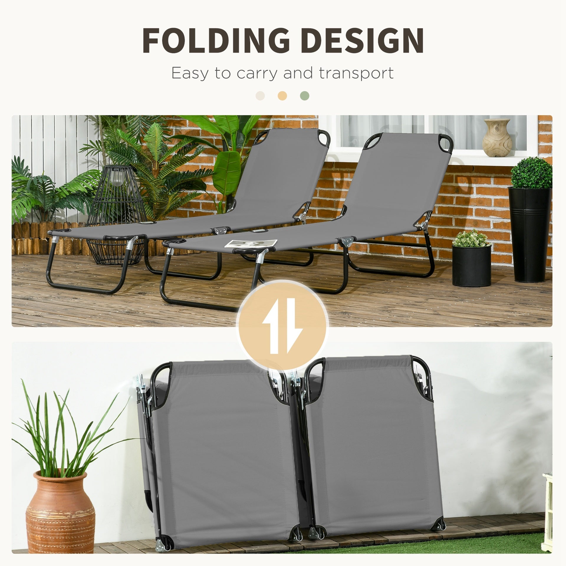 Outsunny 2 Pieces Pool Chaise Lounge Chairs, Folding Lounge Chairs with 5-Level Reclining Back, Steel Frame, Dark Gray