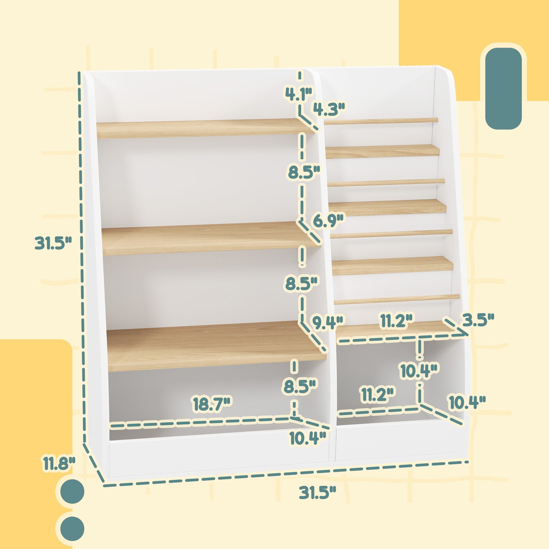 Qaba 4 Tier Kids Bookshelf and Toy Storage Organizer with Book Rack, for Living Room, Kids Room, Playroom, Bedroom, White