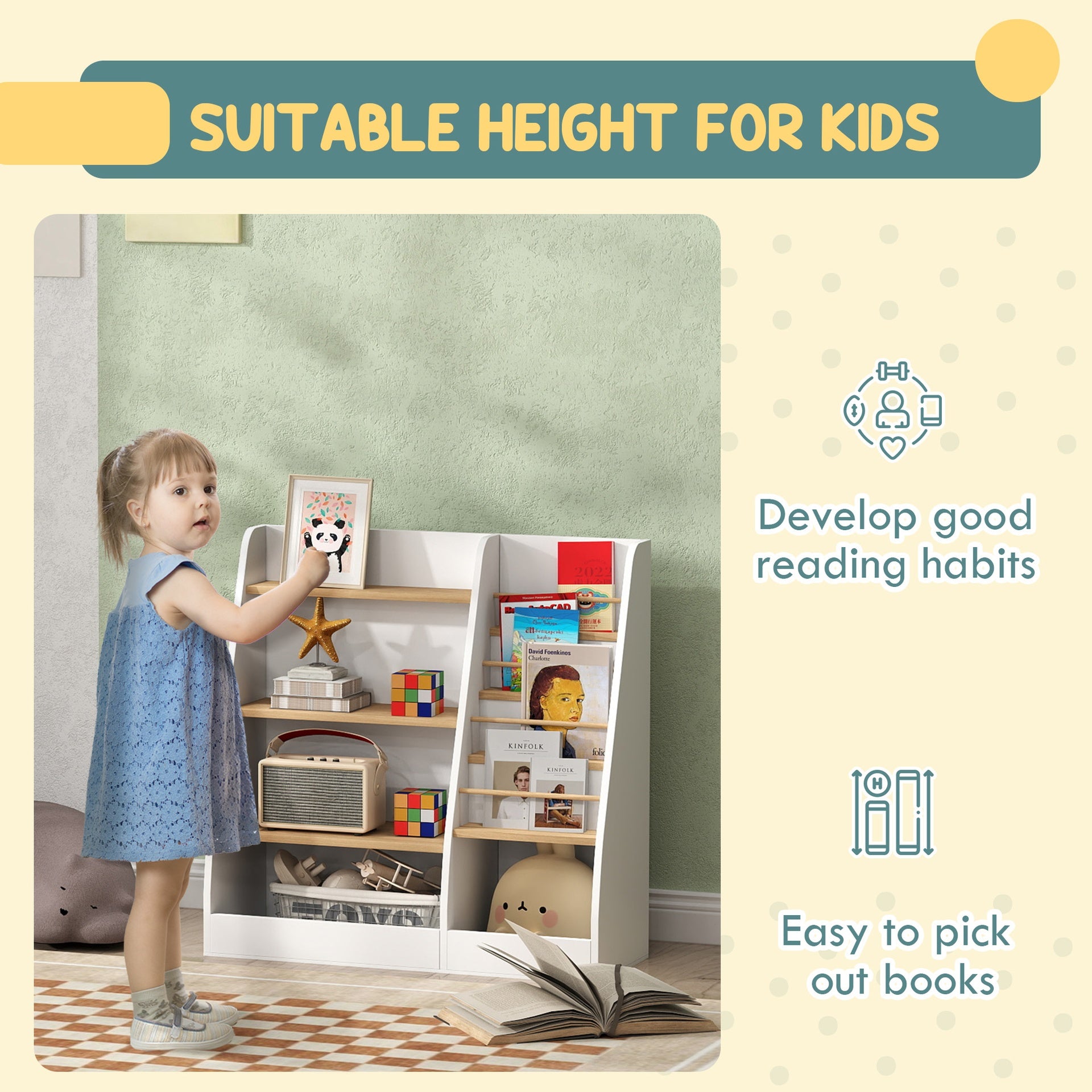 Qaba 4 Tier Kids Bookshelf and Toy Storage Organizer with Book Rack, for Living Room, Kids Room, Playroom, Bedroom, White