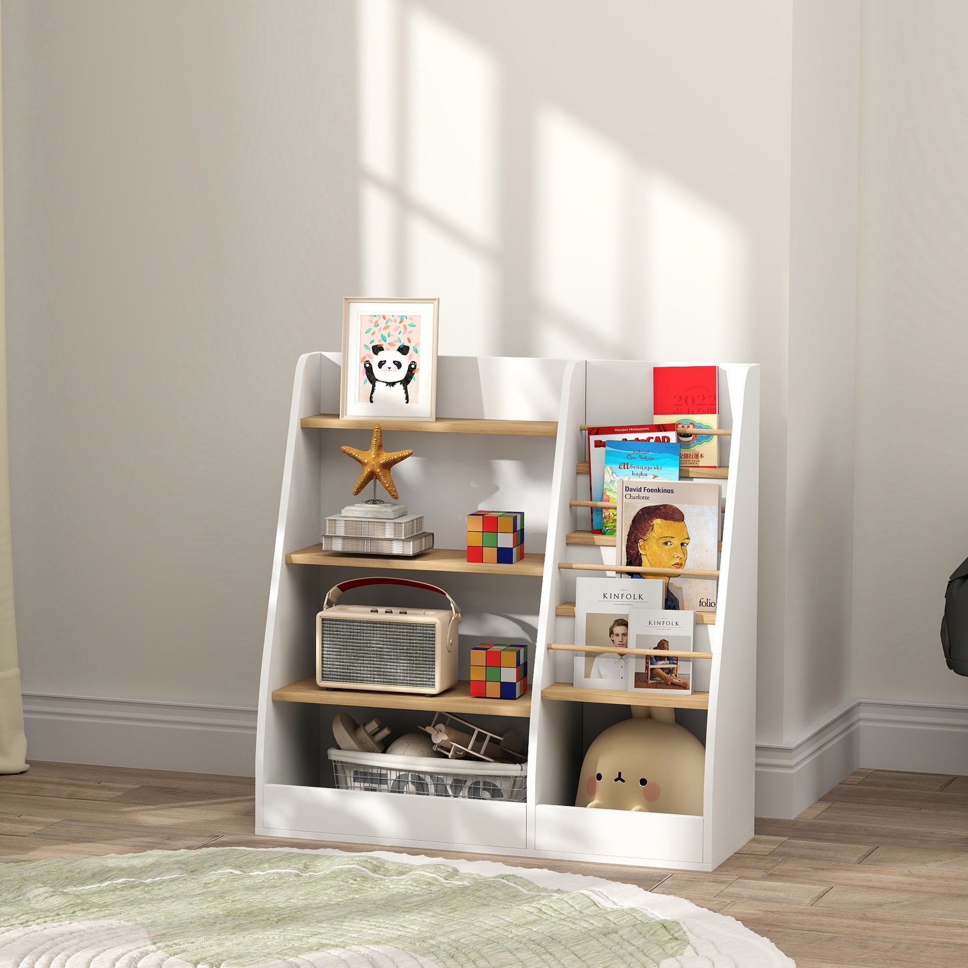 Qaba 4 Tier Kids Bookshelf and Toy Storage Organizer with Book Rack, for Living Room, Kids Room, Playroom, Bedroom, White