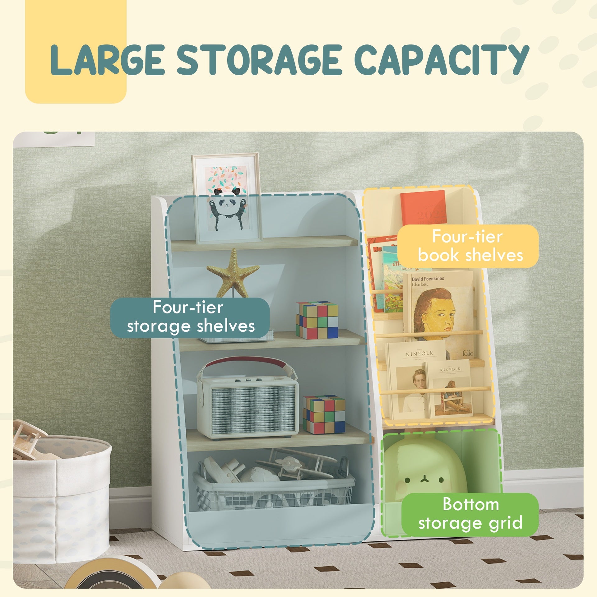 Qaba 4 Tier Kids Bookshelf and Toy Storage Organizer with Book Rack, for Living Room, Kids Room, Playroom, Bedroom, White