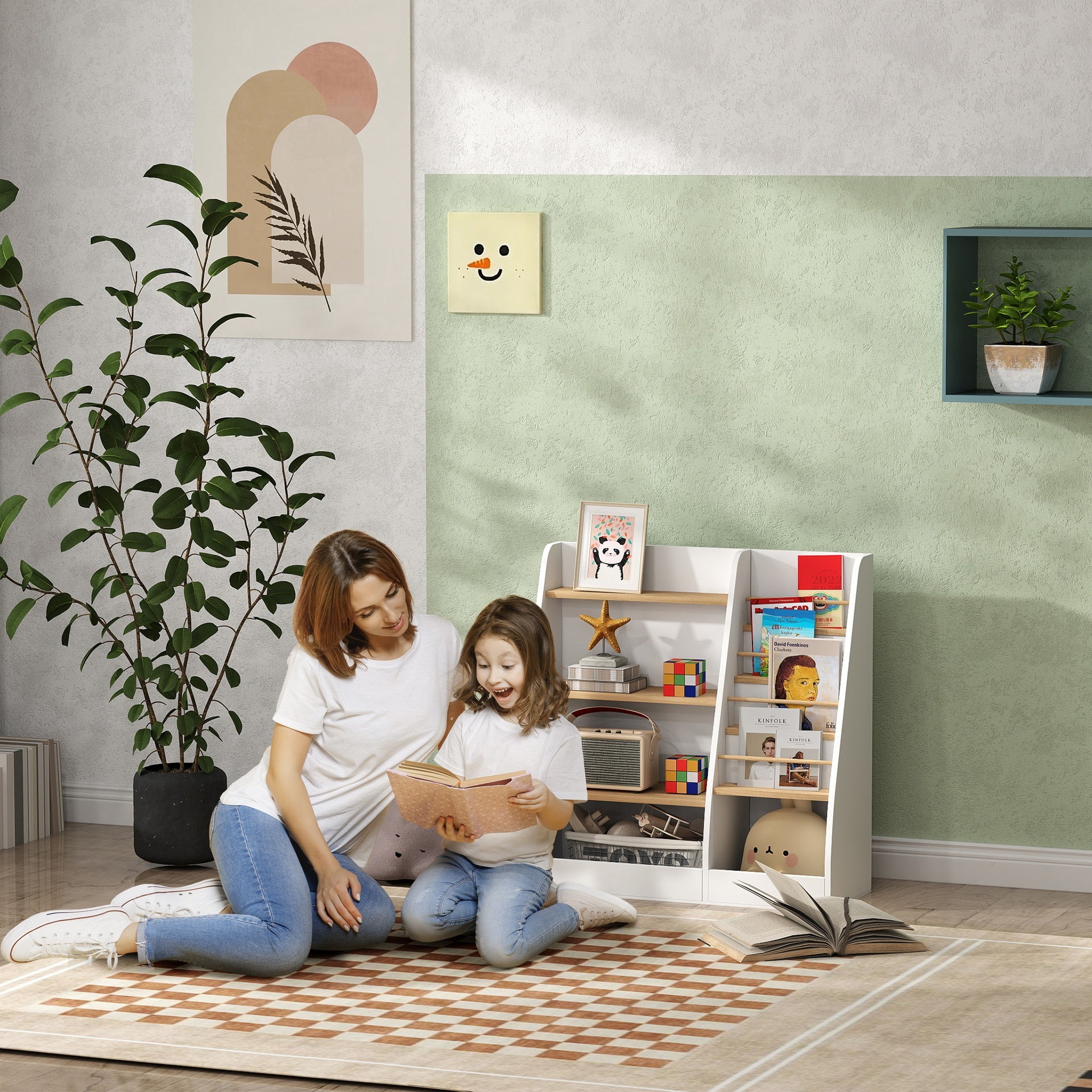Qaba 4 Tier Kids Bookshelf and Toy Storage Organizer with Book Rack, for Living Room, Kids Room, Playroom, Bedroom, White