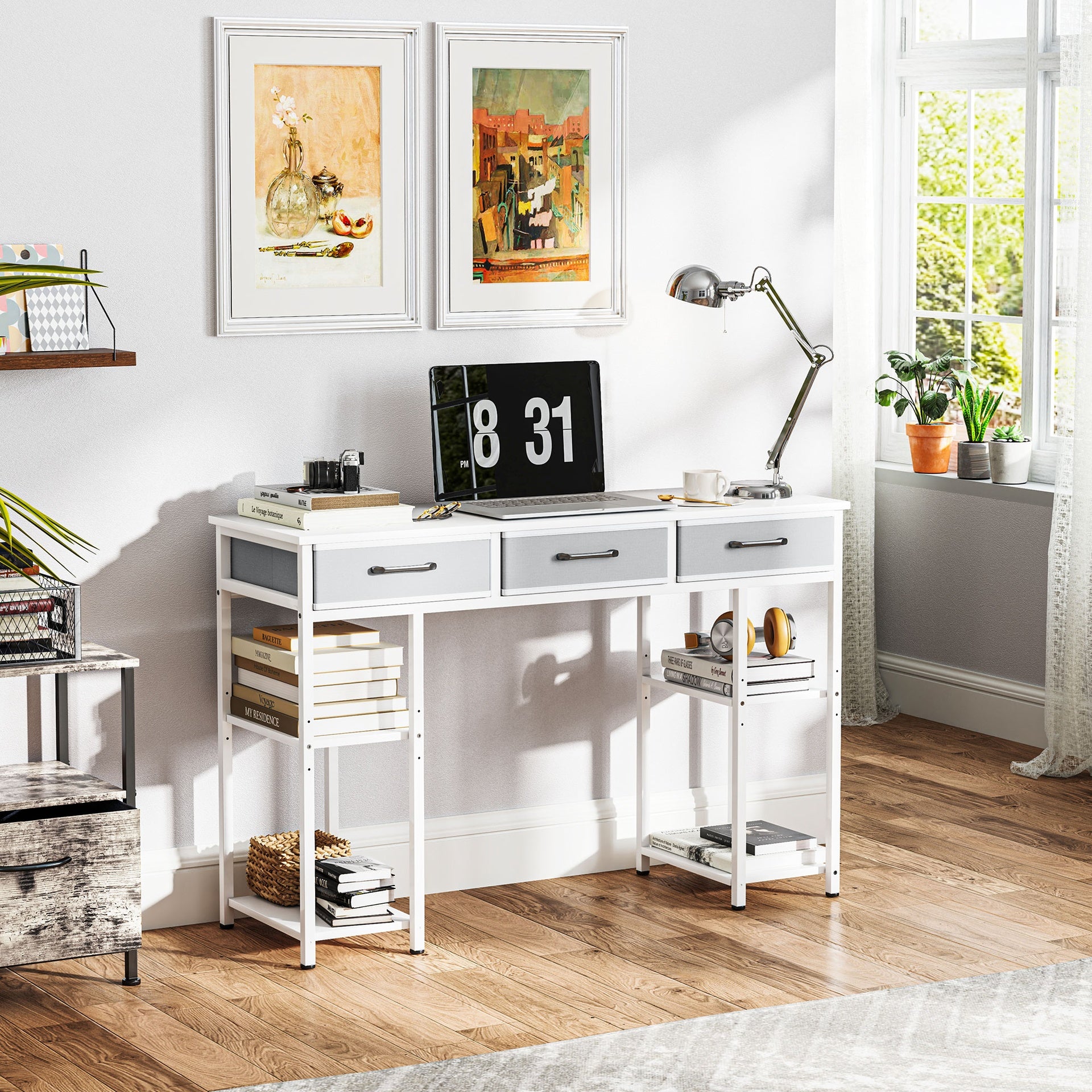 HOMCOM 47" Small Computer Desk, Writing Desk with Fabric Drawers, Home Office Desk with Adjustable Shelves, White