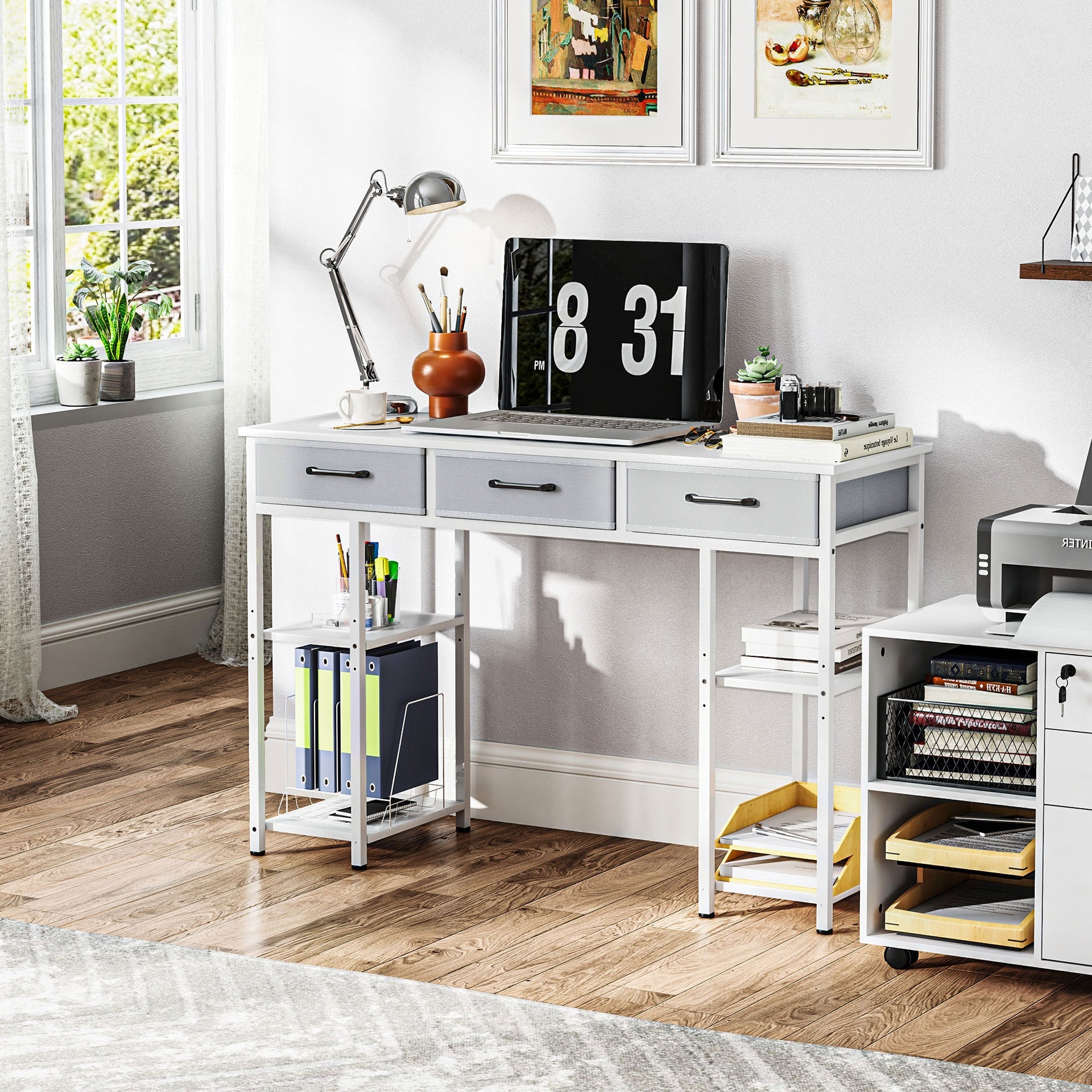 HOMCOM 47" Small Computer Desk, Writing Desk with Fabric Drawers, Home Office Desk with Adjustable Shelves, White