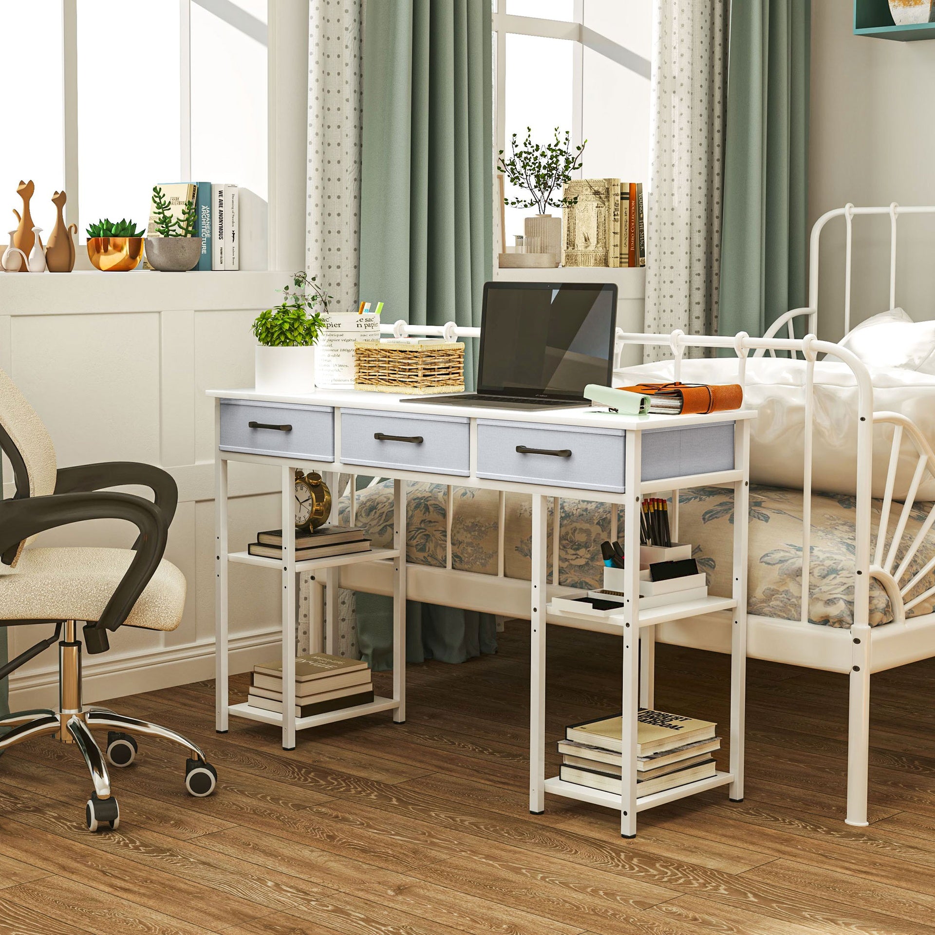 HOMCOM 47" Small Computer Desk, Writing Desk with Fabric Drawers, Home Office Desk with Adjustable Shelves, White