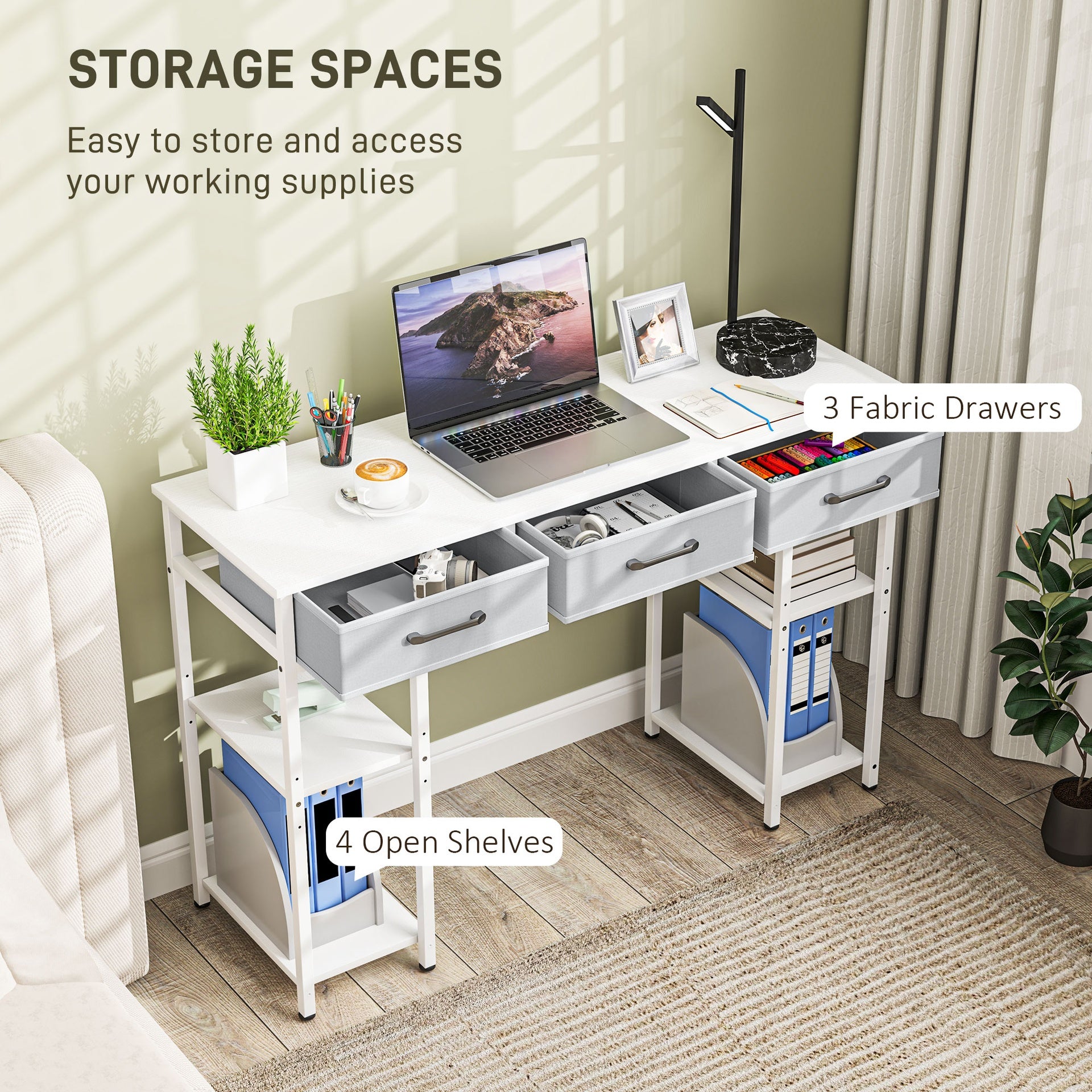 HOMCOM 47" Small Computer Desk, Writing Desk with Fabric Drawers, Home Office Desk with Adjustable Shelves, White