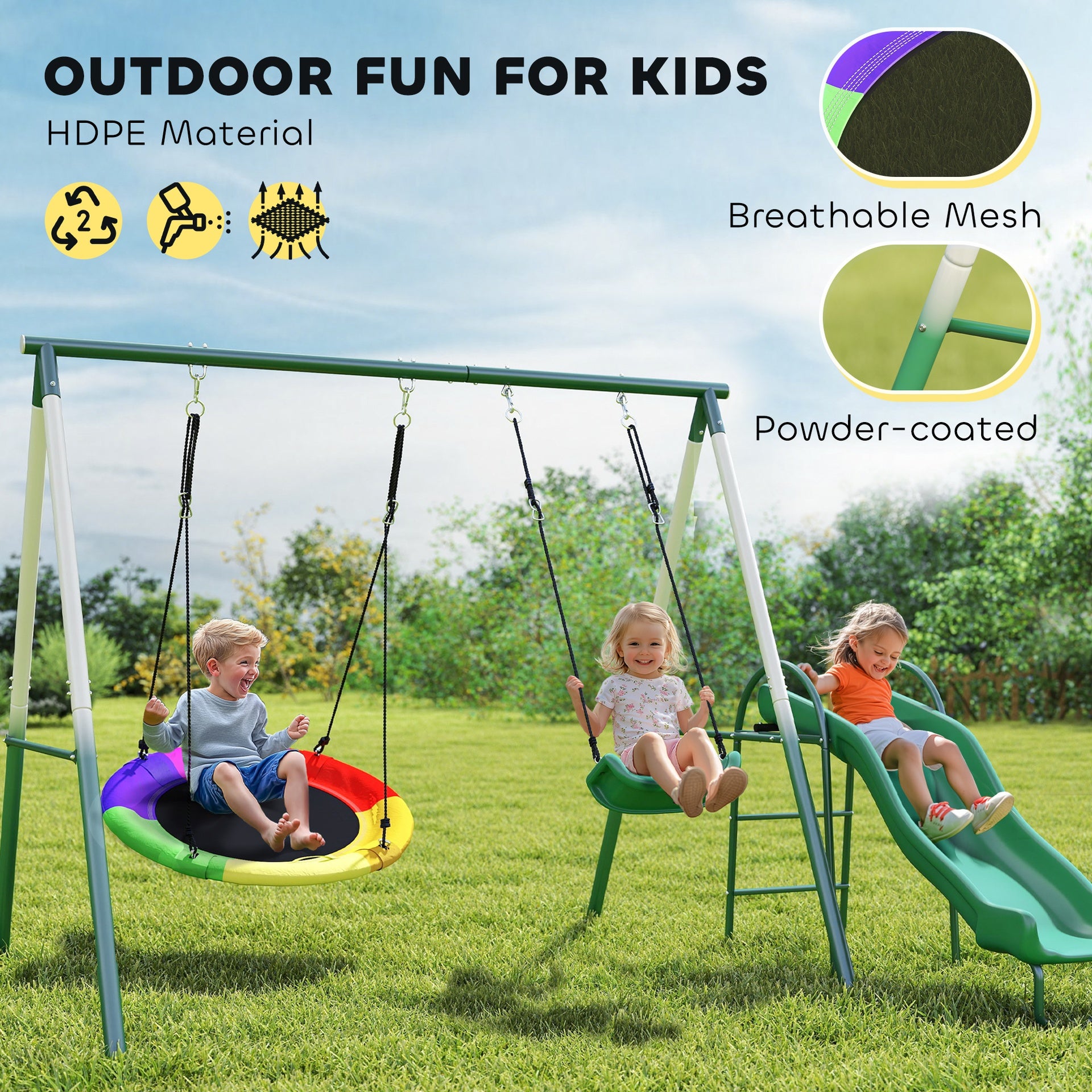 Qaba Metal Swing Set with Slide, Saucer Swing Seat, Heavy Duty A-Frame Stand and Adjustable Rope for Backyard, Dark Green