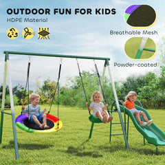 Qaba Metal Swing Set with Slide, Saucer Swing Seat, Heavy Duty A-Frame Stand and Adjustable Rope for Backyard, Dark Green