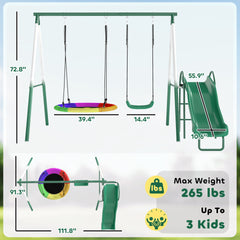 Qaba Metal Swing Set with Slide, Saucer Swing Seat, Heavy Duty A-Frame Stand and Adjustable Rope for Backyard, Dark Green