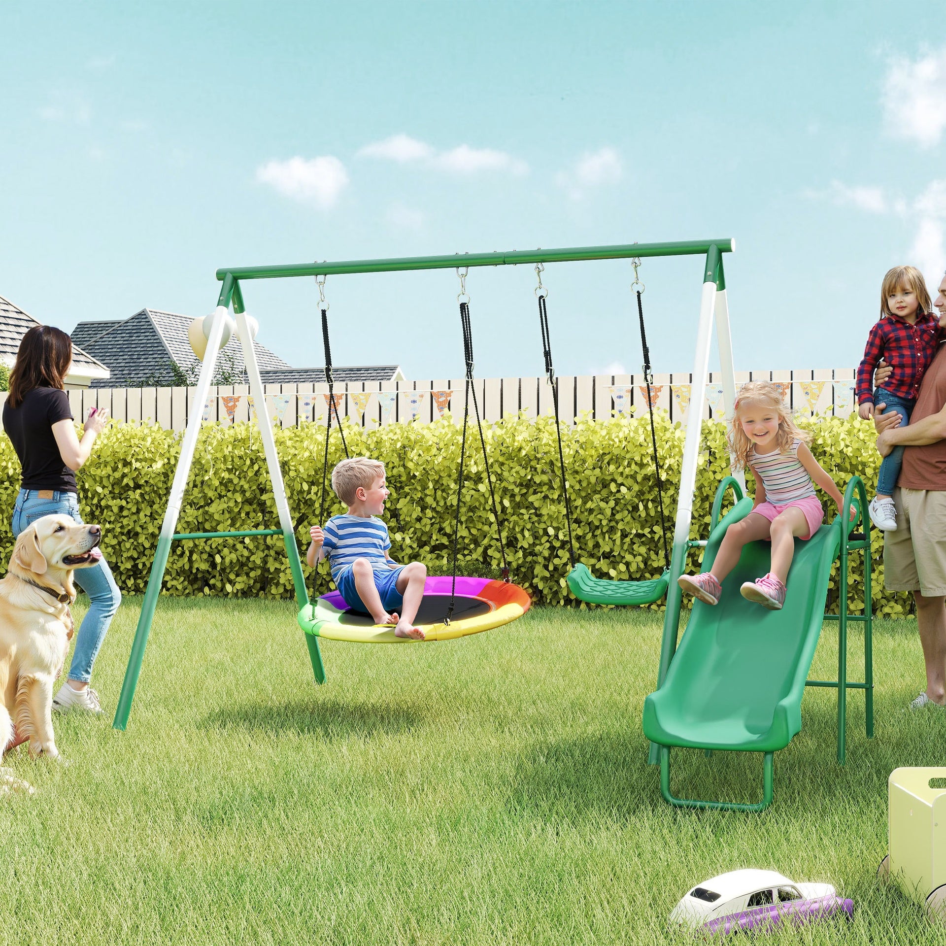 Qaba Metal Swing Set with Slide, Saucer Swing Seat, Heavy Duty A-Frame Stand and Adjustable Rope for Backyard, Dark Green