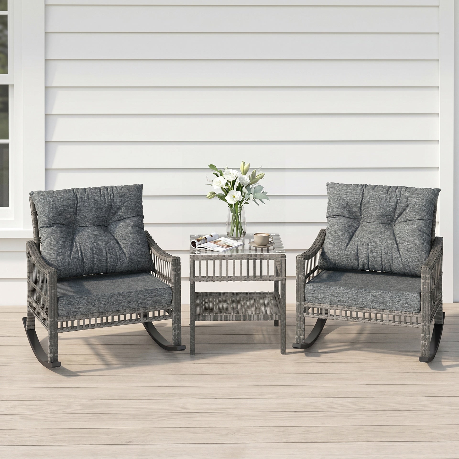Outsunny 3 Piece Outdoor PE Rattan Rocker Chair Set, Rocking Chair with Tempered Glass Table Top, Gray