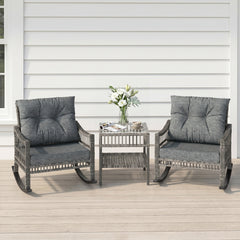 Outsunny 3 Piece Outdoor PE Rattan Rocker Chair Set, Rocking Chair with Tempered Glass Table Top, Gray