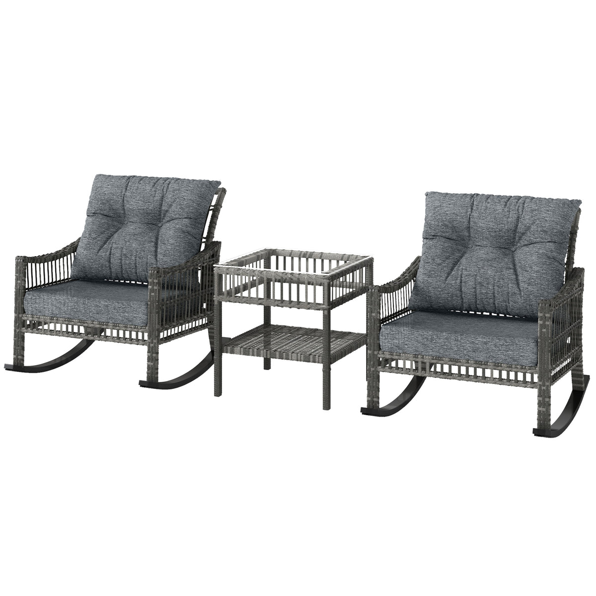 Outsunny 3 Piece Outdoor PE Rattan Rocker Chair Set, Rocking Chair with Tempered Glass Table Top, Gray