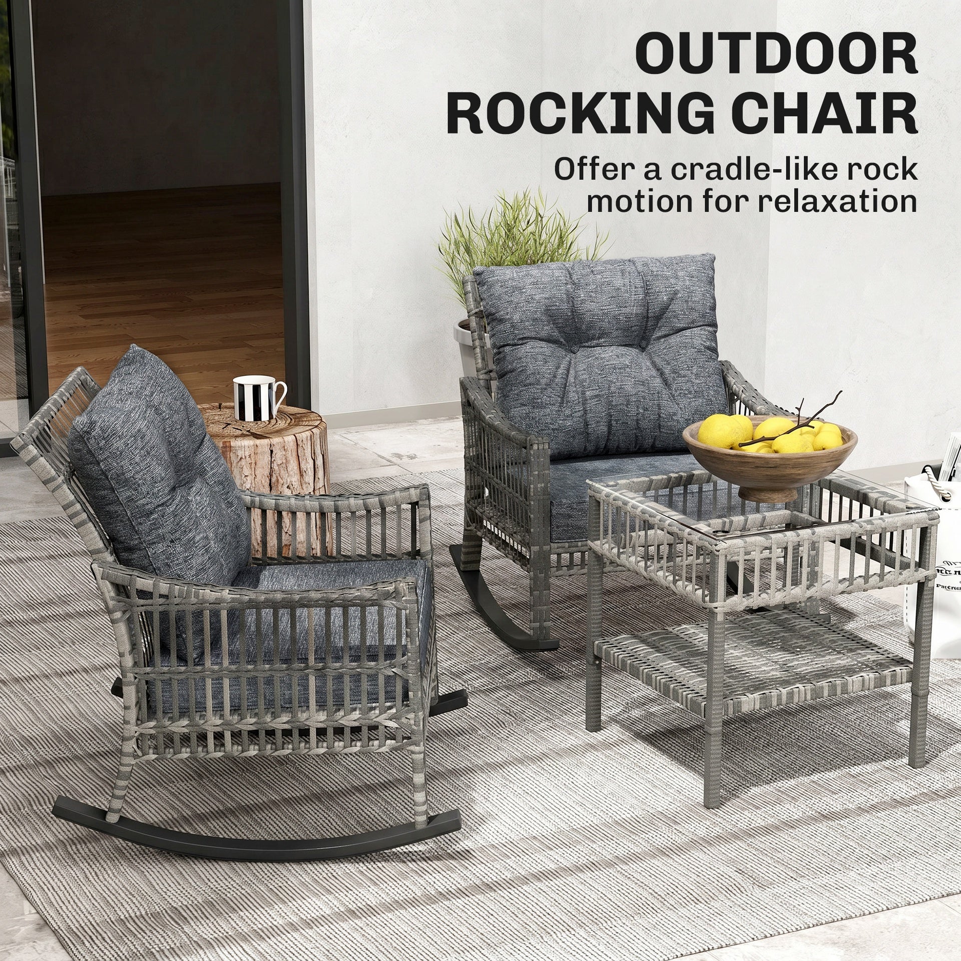 Outsunny 3 Piece Outdoor PE Rattan Rocker Chair Set, Rocking Chair with Tempered Glass Table Top, Gray