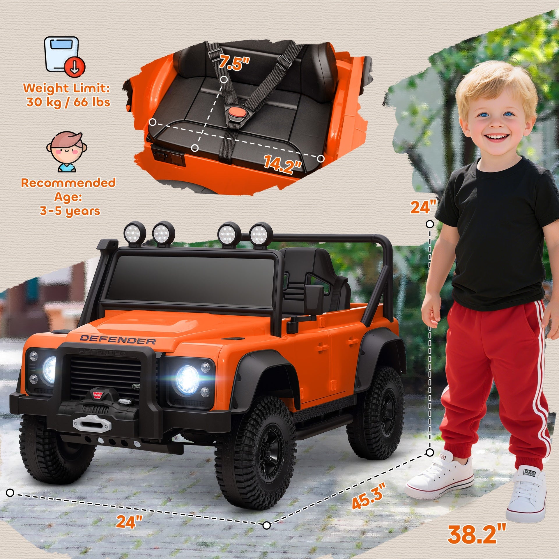 Qaba Land Rover Licensed Electric Car for Kids with Remote Control, Dual Motors, Spring Suspension, LED Lights, Orange