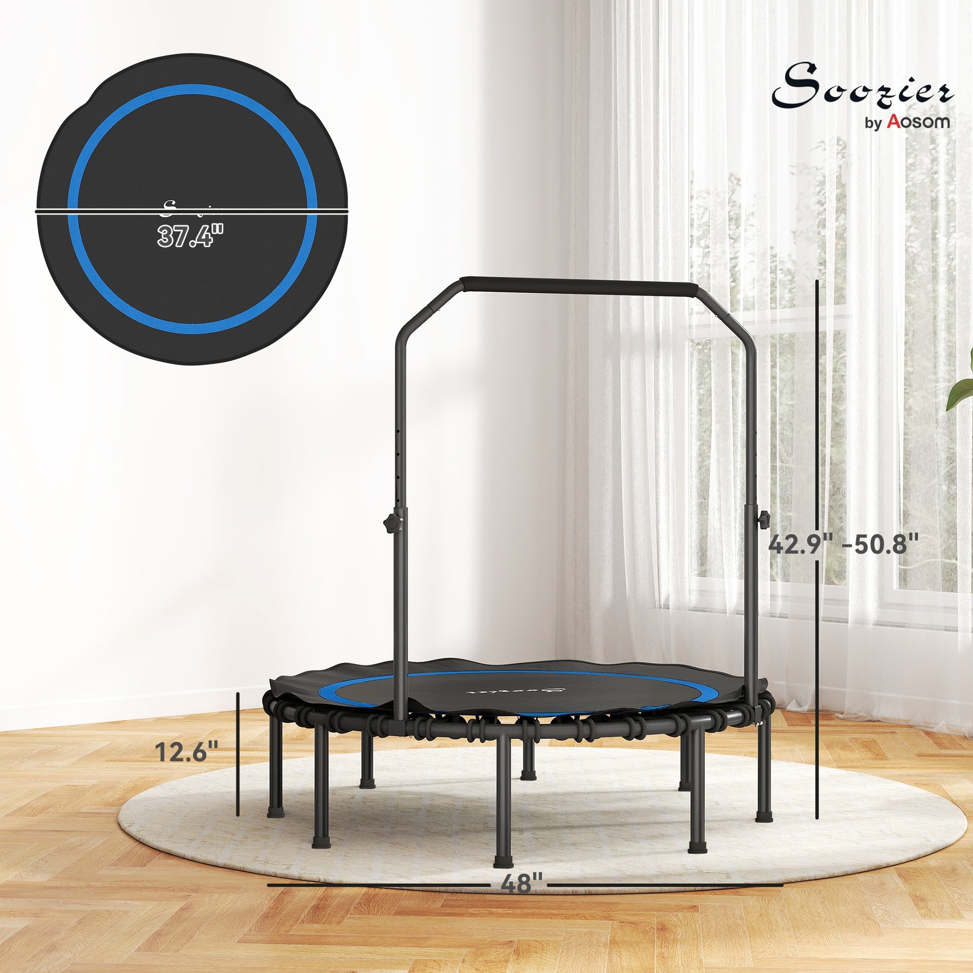Soozier 48" Rebounder Trampoline for Adults, Foldable Mini Trampoline with Adjustable Handle Bar for Indoor Outdoor, Blue
