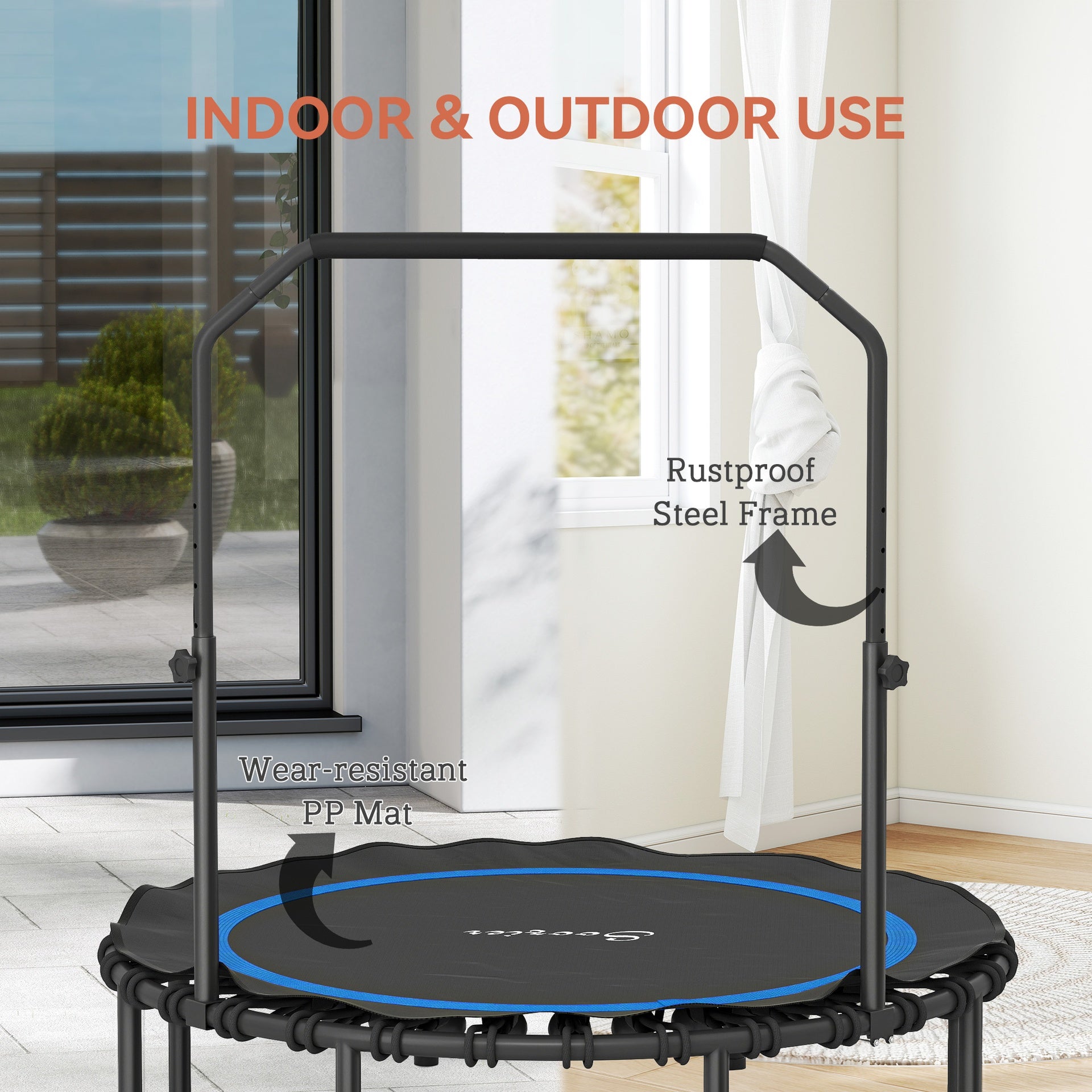Soozier 48" Rebounder Trampoline for Adults, Foldable Mini Trampoline with Adjustable Handle Bar for Indoor Outdoor, Blue