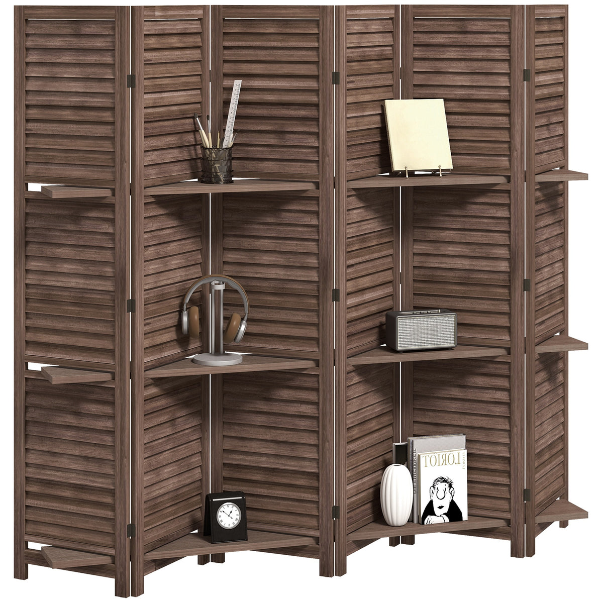 HOMCOM 6 Panel 67" Tall Wood Privacy Screen Room Divider with 3 Shelves and Folding Storage for Bedroom, Walnut