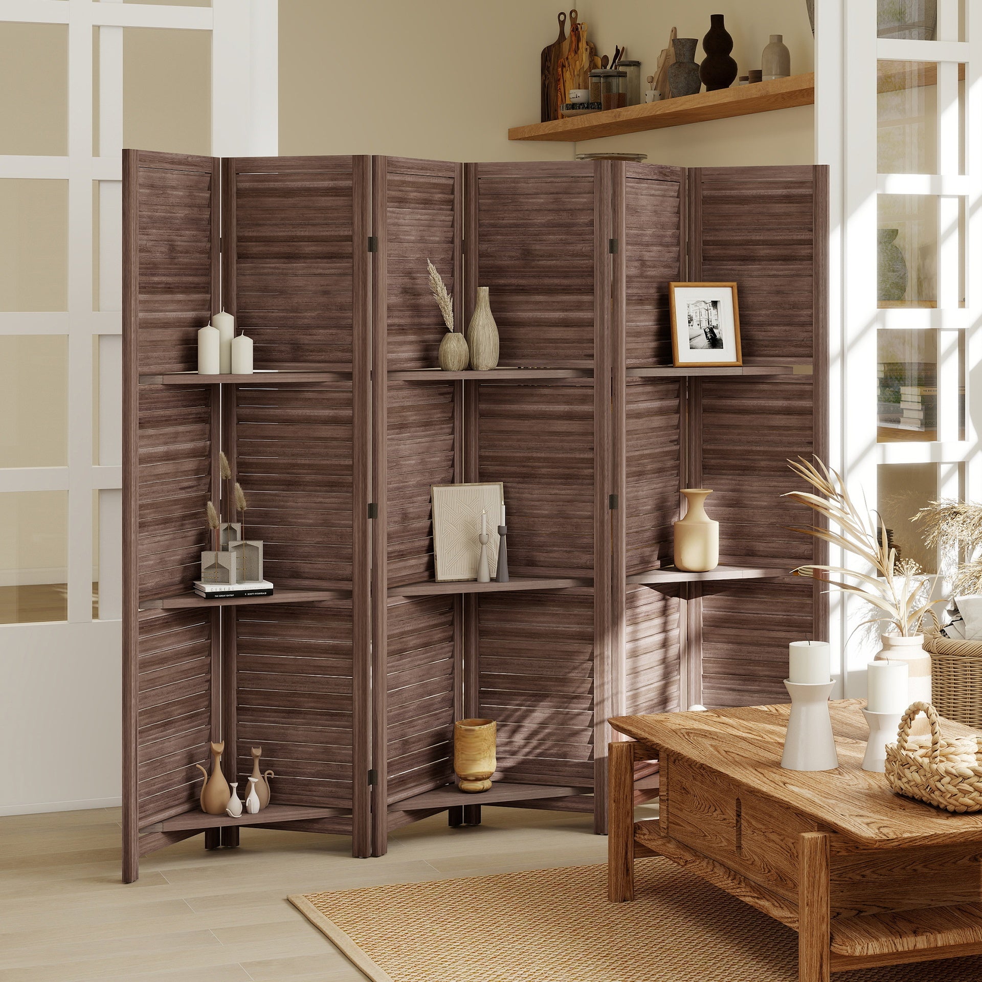 HOMCOM 6 Panel 67" Tall Wood Privacy Screen Room Divider with 3 Shelves and Folding Storage for Bedroom, Walnut
