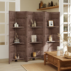 HOMCOM 6 Panel 67" Tall Wood Privacy Screen Room Divider with 3 Shelves and Folding Storage for Bedroom, Walnut