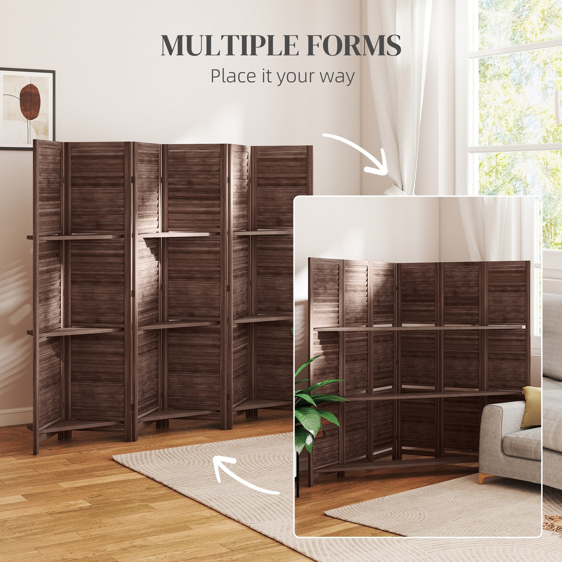 HOMCOM 6 Panel 67" Tall Wood Privacy Screen Room Divider with 3 Shelves and Folding Storage for Bedroom, Walnut